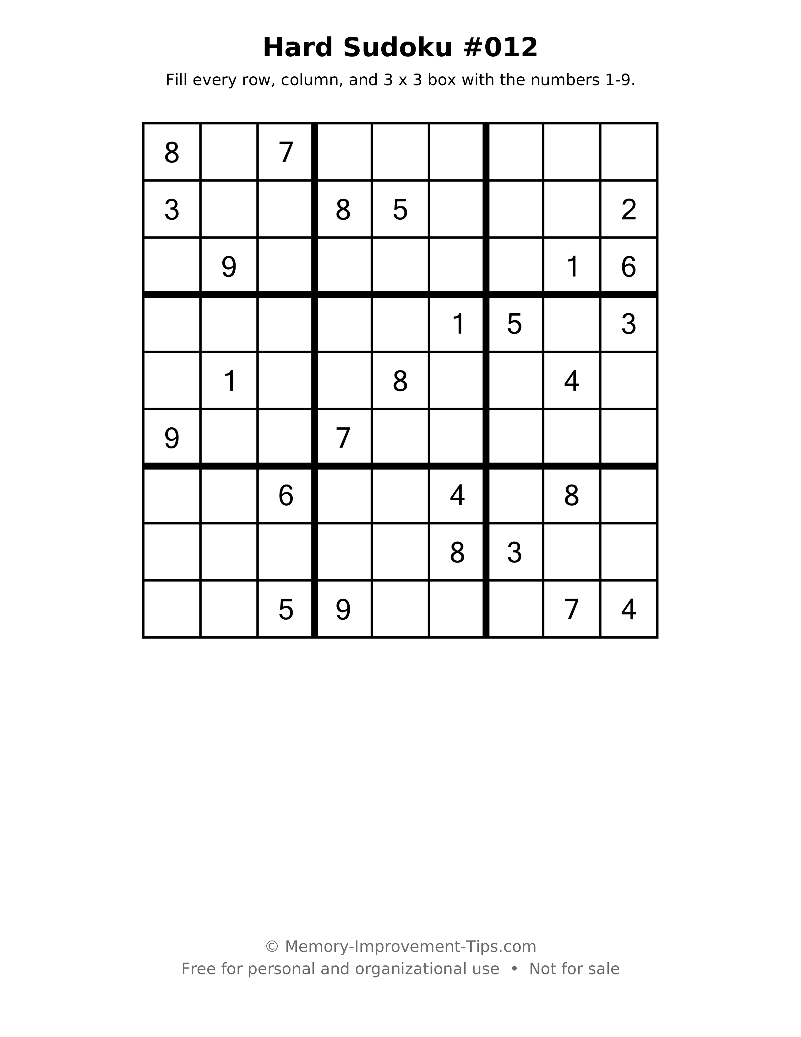 Printable puzzle: Hard Sudoku #012