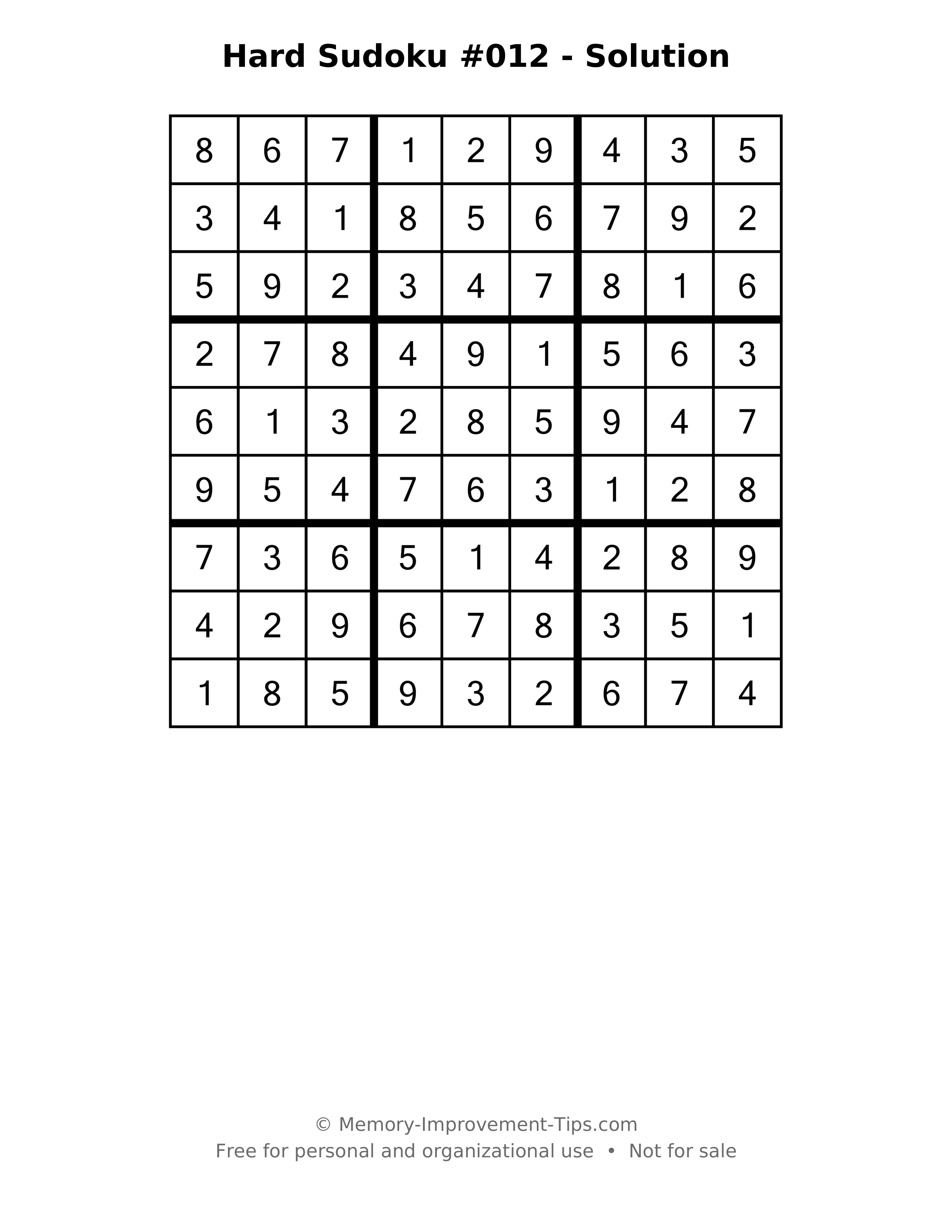 Printable solution: Hard Sudoku #012 - Solution