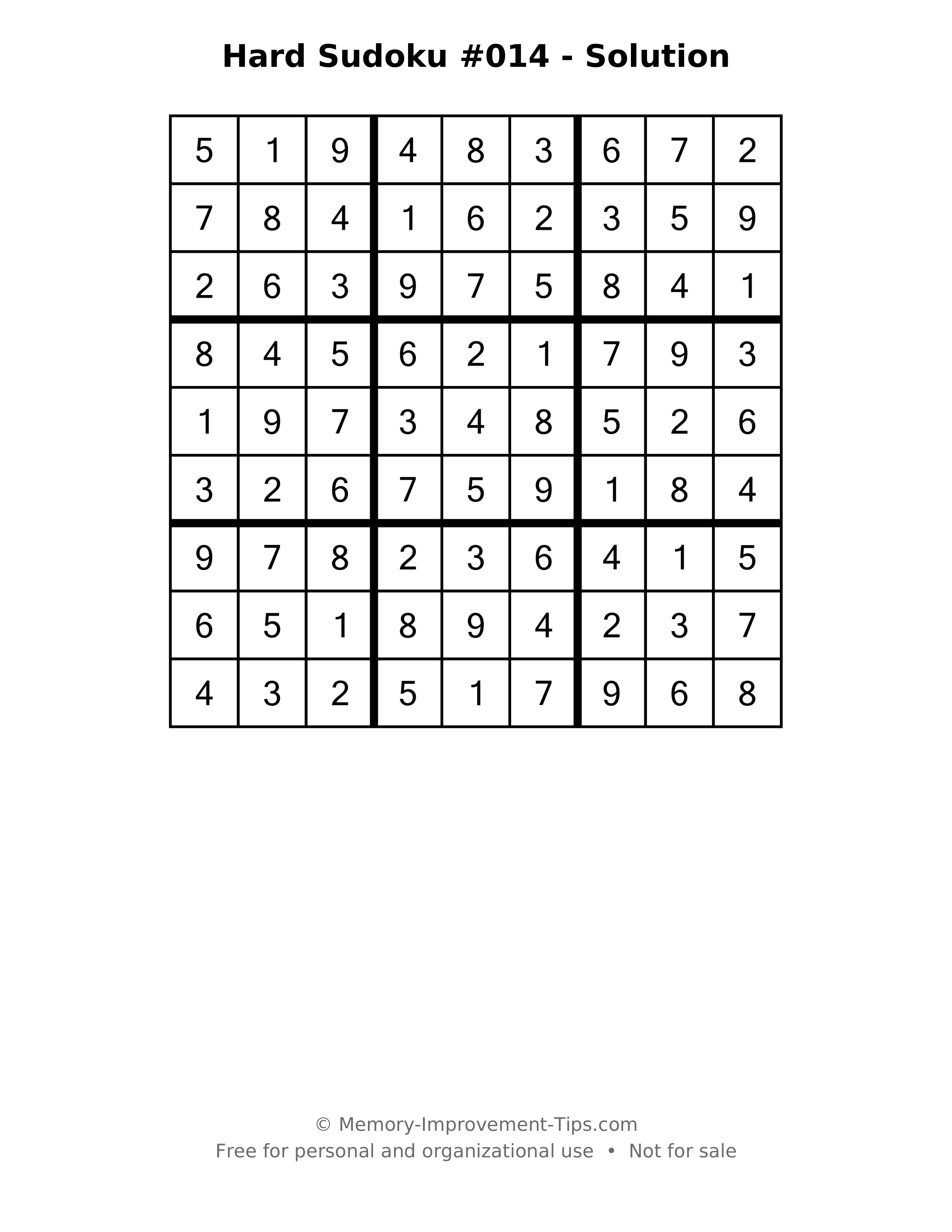 Printable solution: Hard Sudoku #014 - Solution