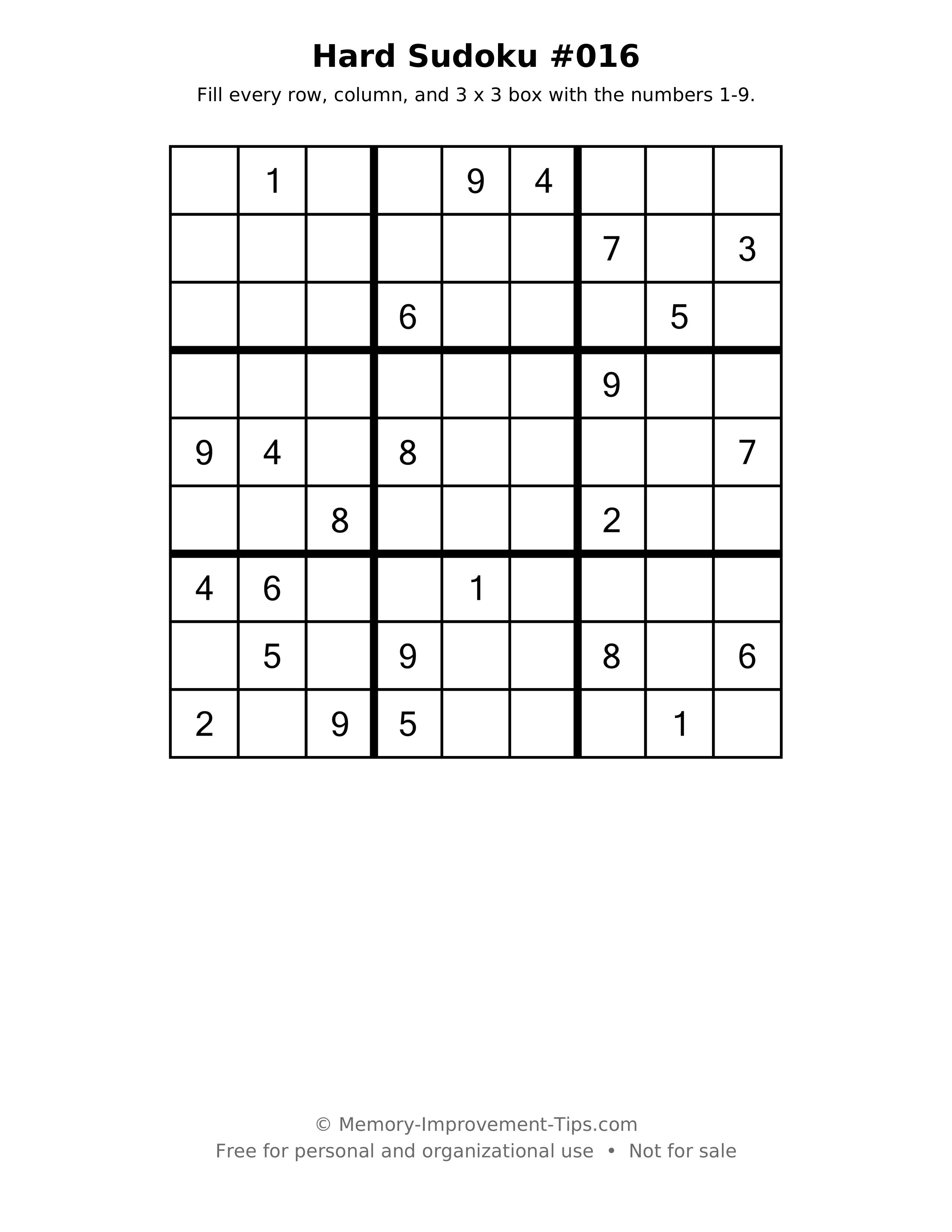 Printable puzzle: Hard Sudoku #016