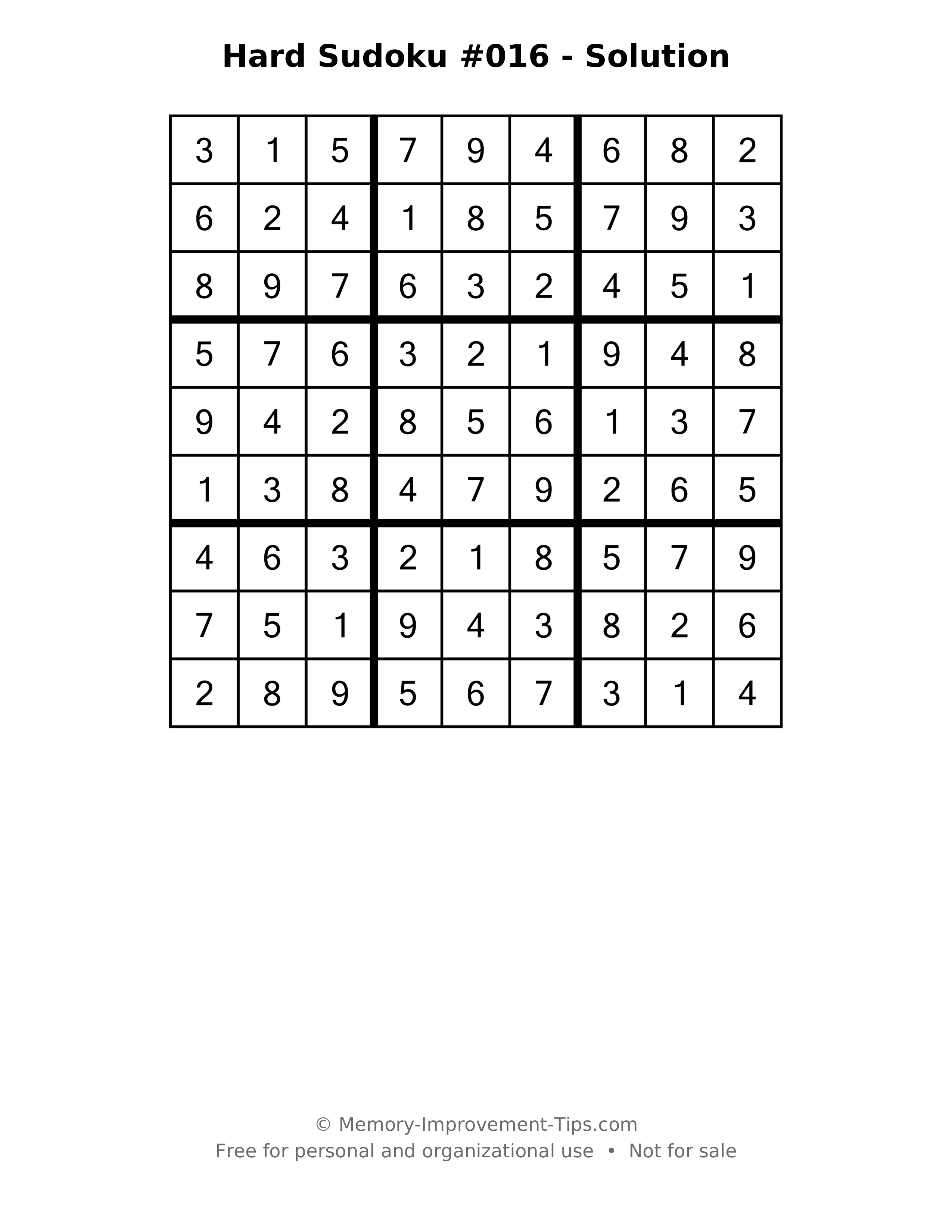 Printable solution: Hard Sudoku #016 - Solution
