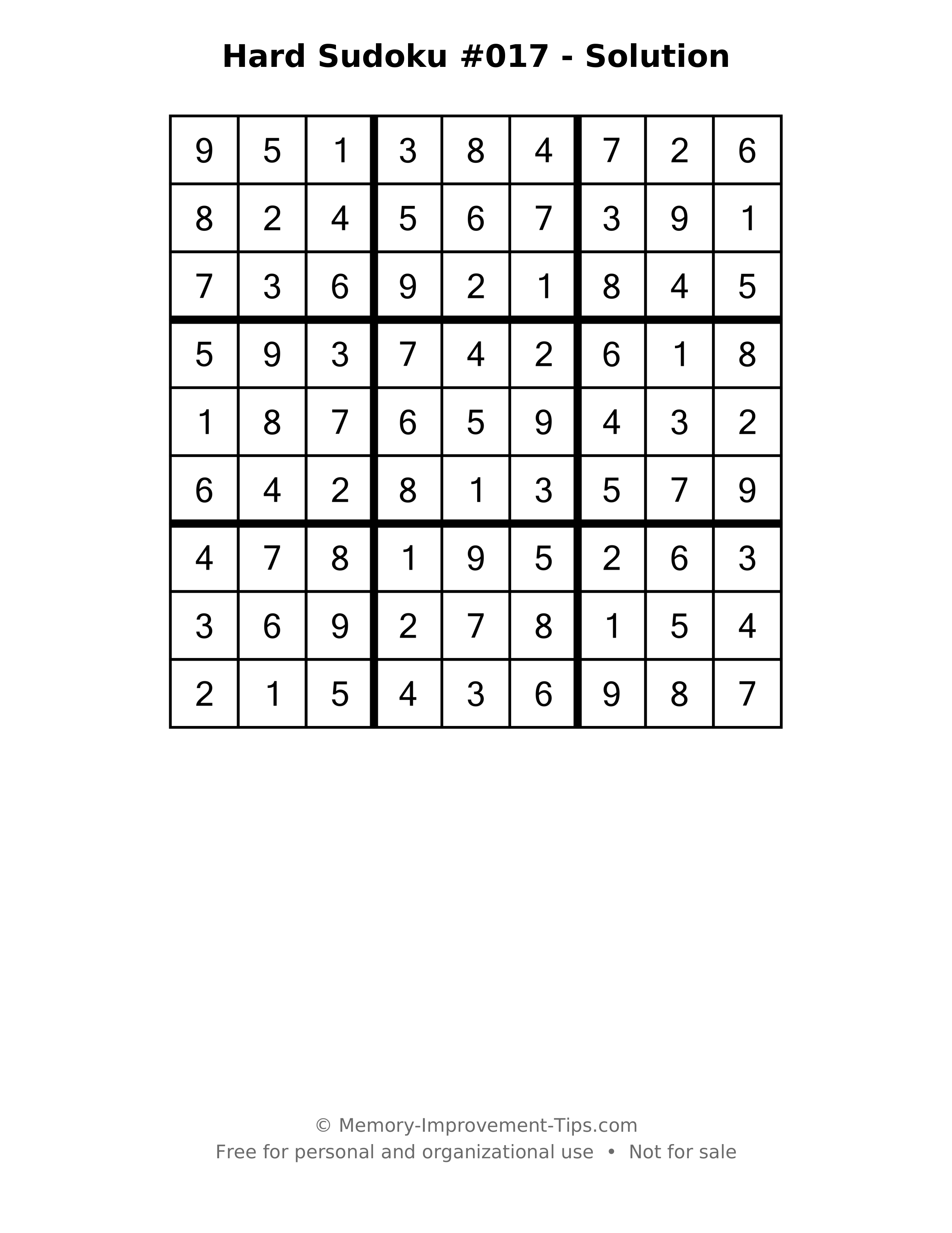 Printable solution: Hard Sudoku #017 - Solution