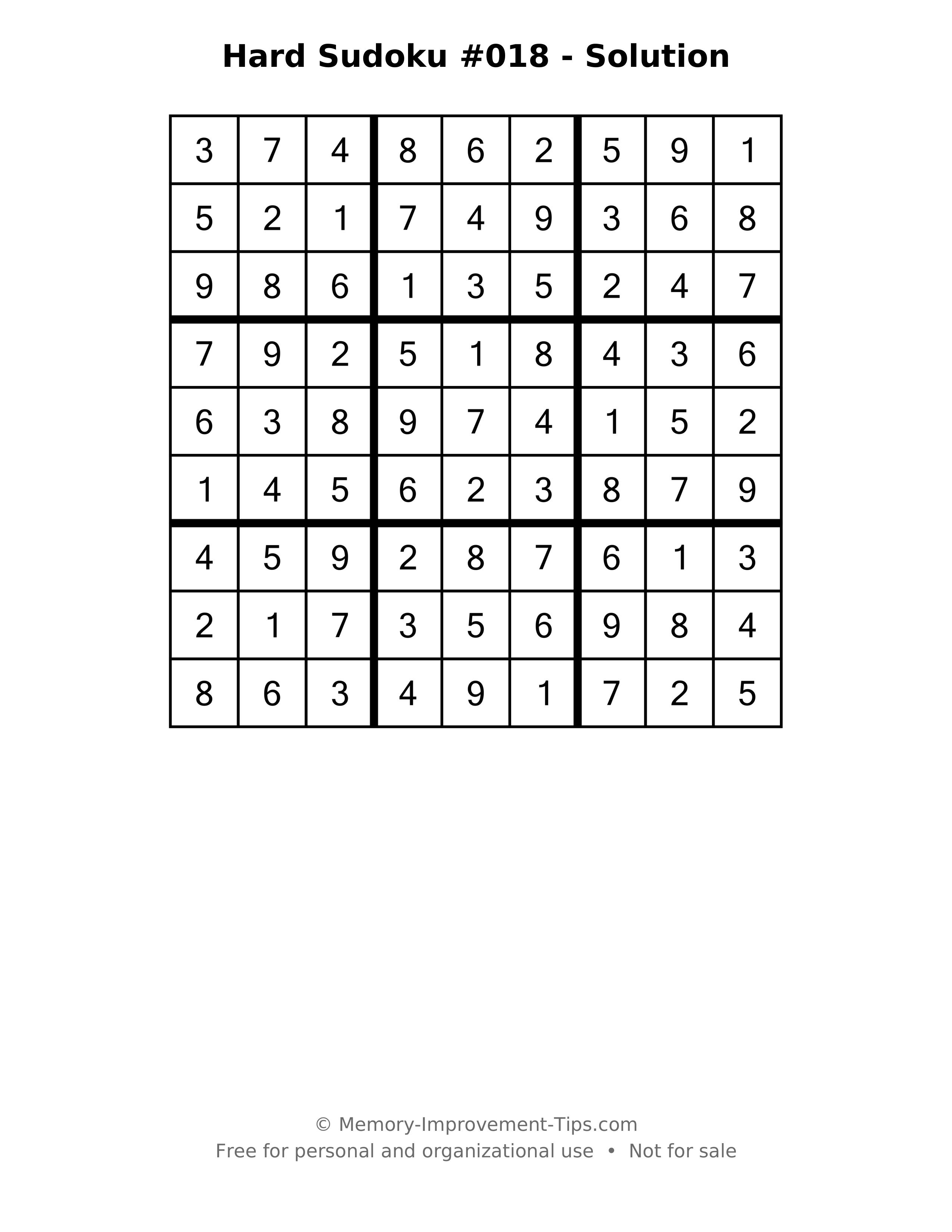 Printable solution: Hard Sudoku #018 - Solution