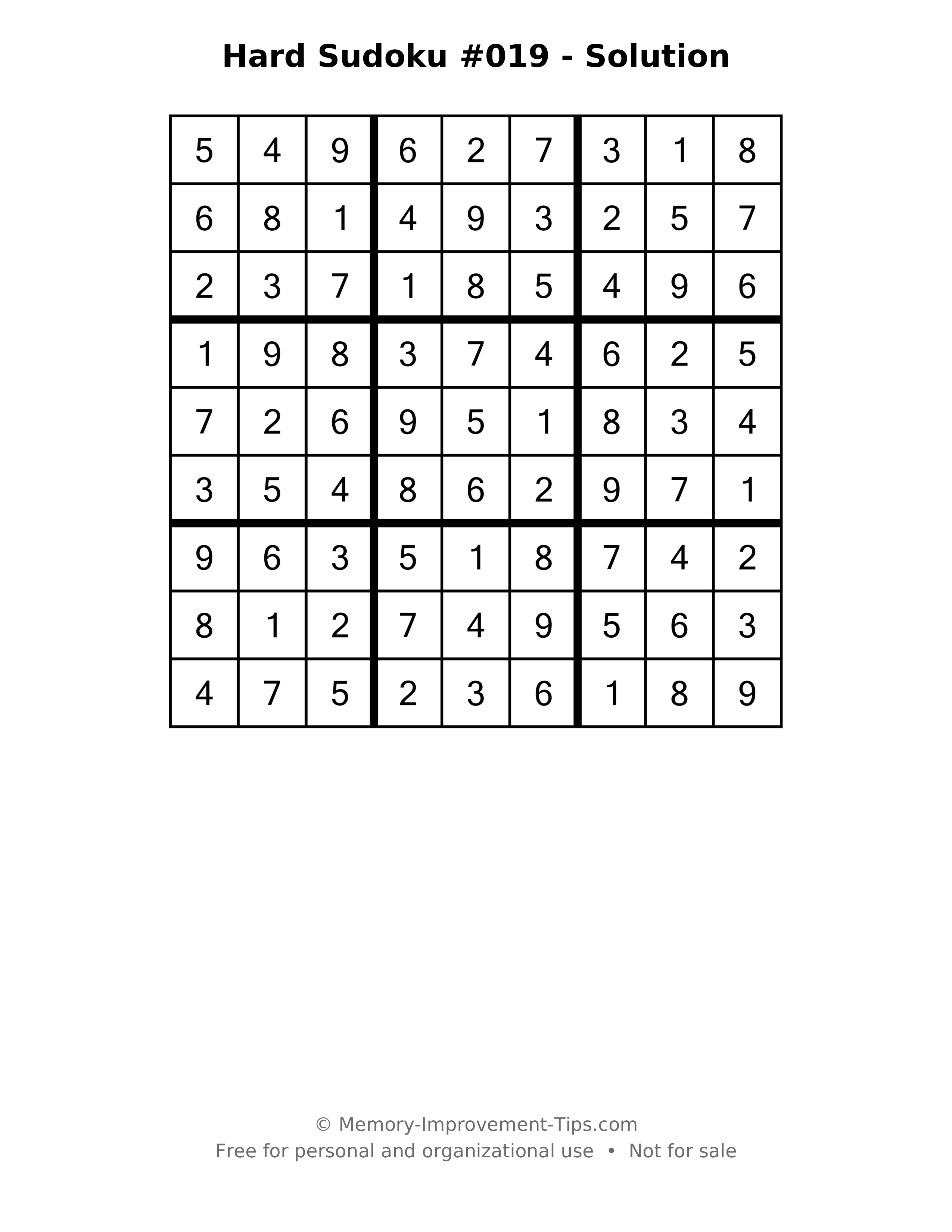 Printable solution: Hard Sudoku #019 - Solution