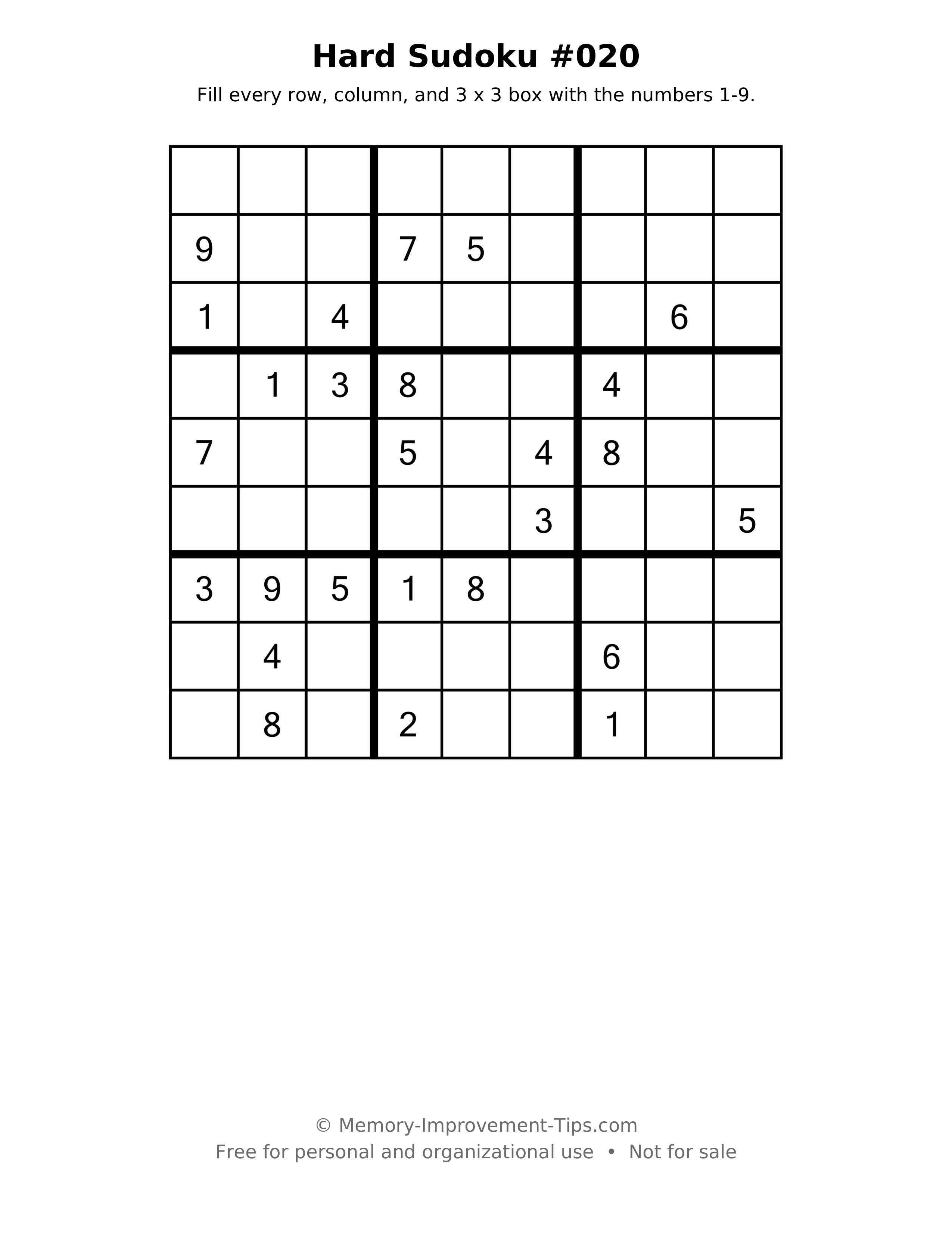 Printable puzzle: Hard Sudoku #020