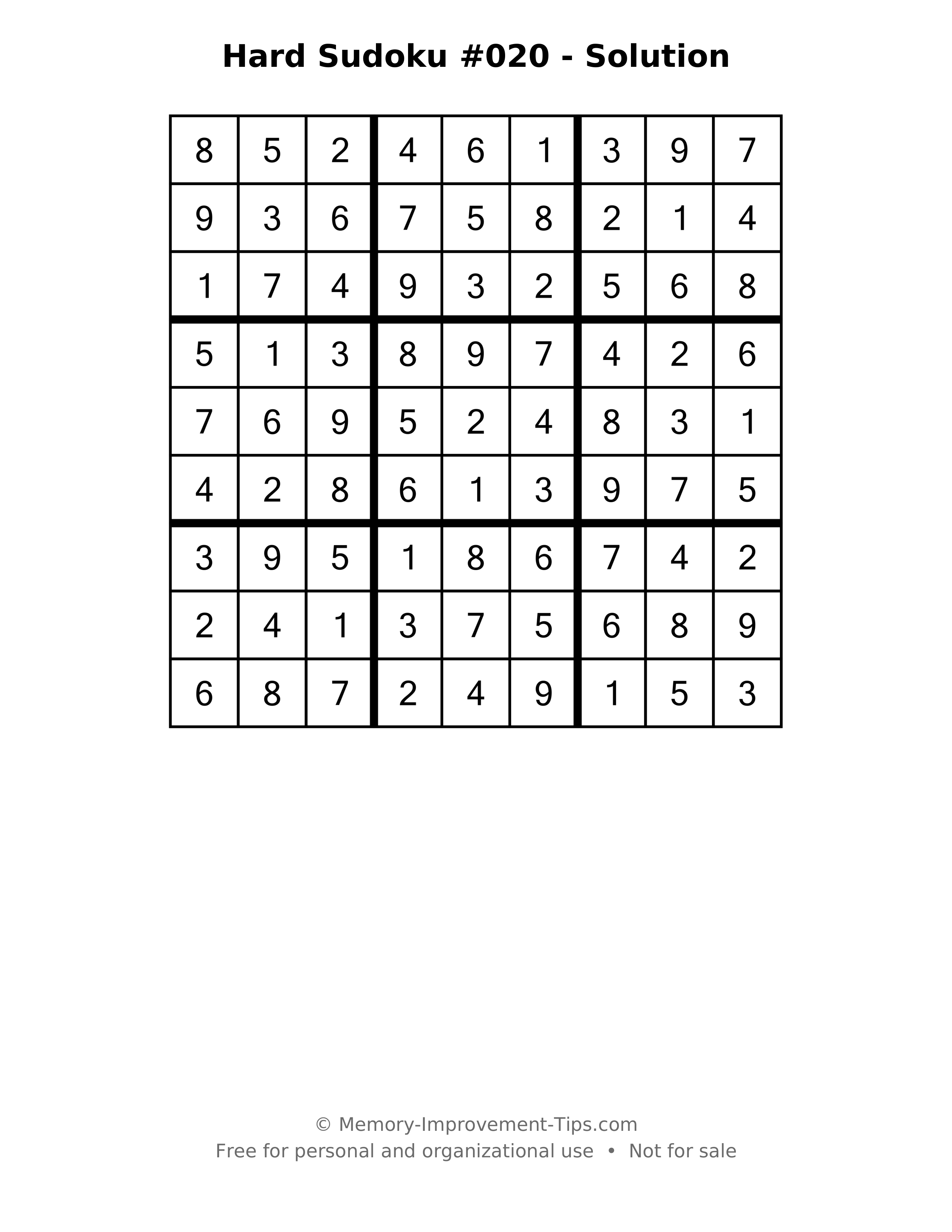 Printable solution: Hard Sudoku #020 - Solution