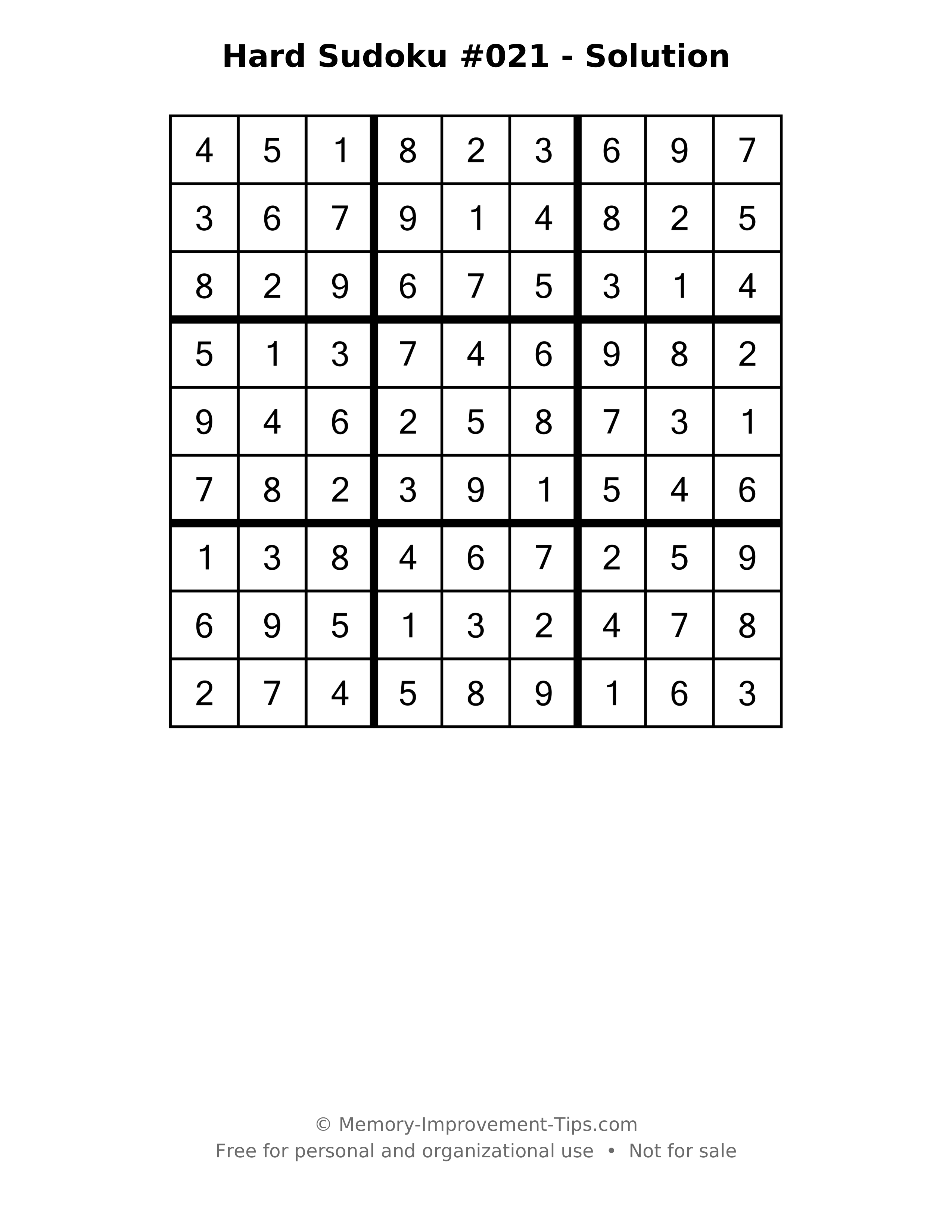 Printable solution: Hard Sudoku #021 - Solution