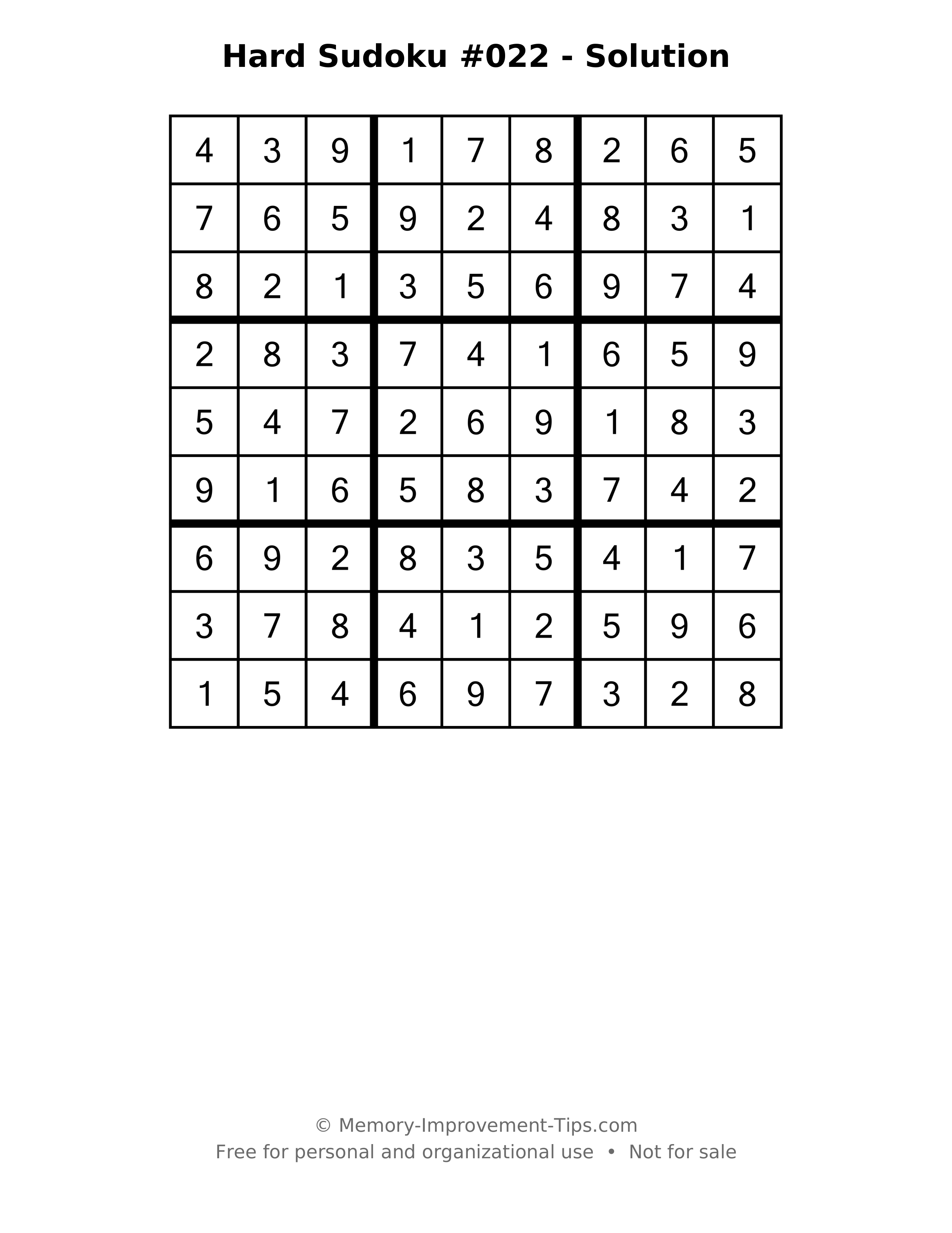 Printable solution: Hard Sudoku #022 - Solution