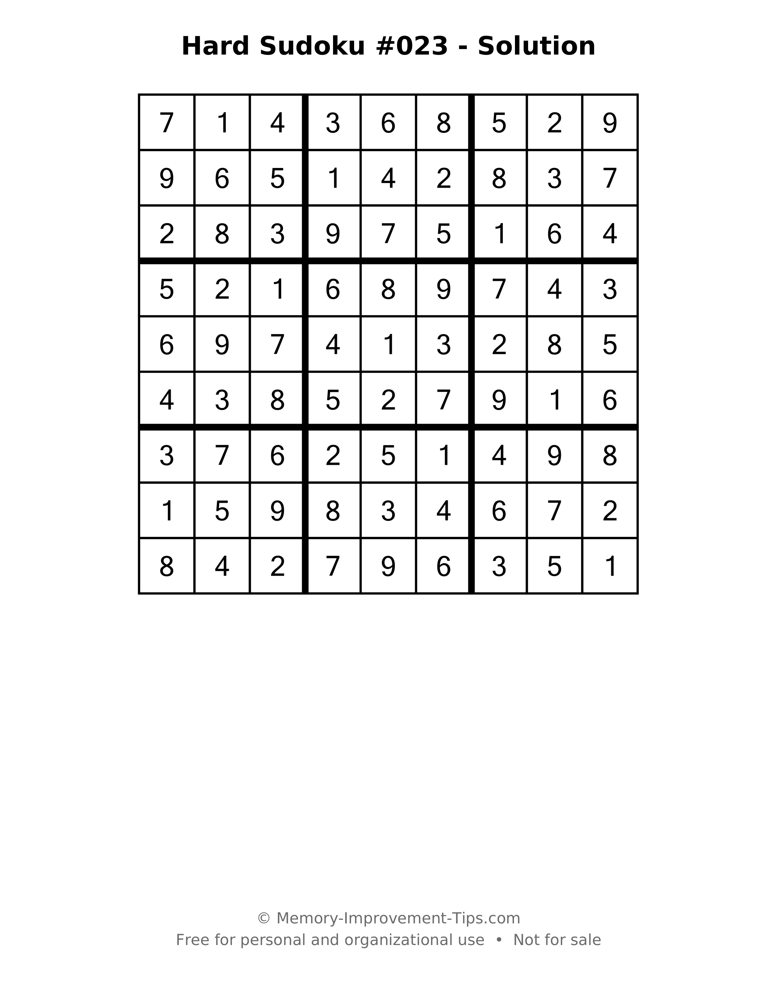 Printable solution: Hard Sudoku #023 - Solution