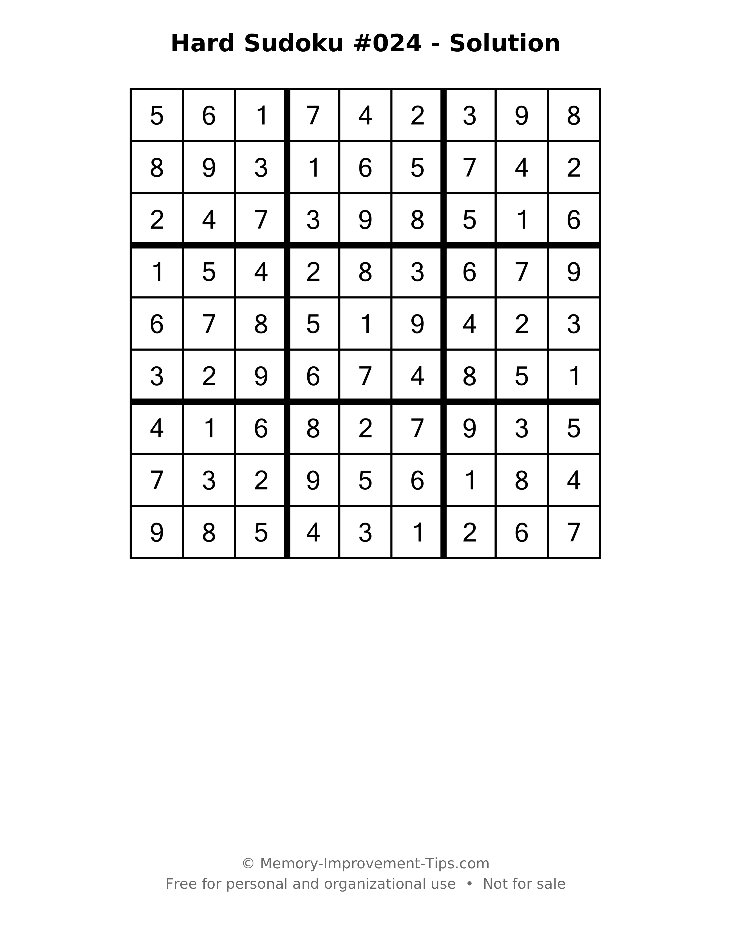 Printable solution: Hard Sudoku #024 - Solution