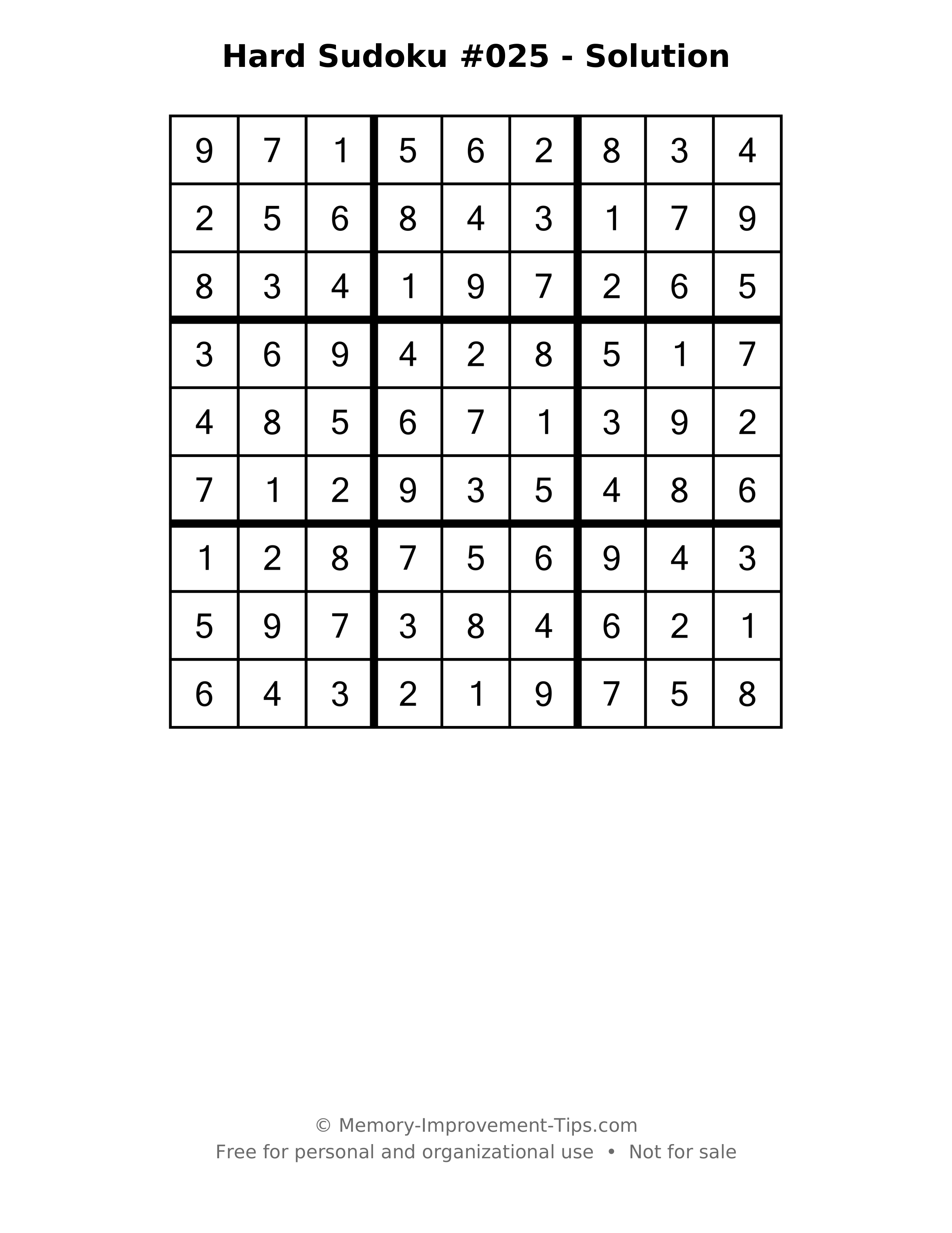 Printable solution: Hard Sudoku #025 - Solution