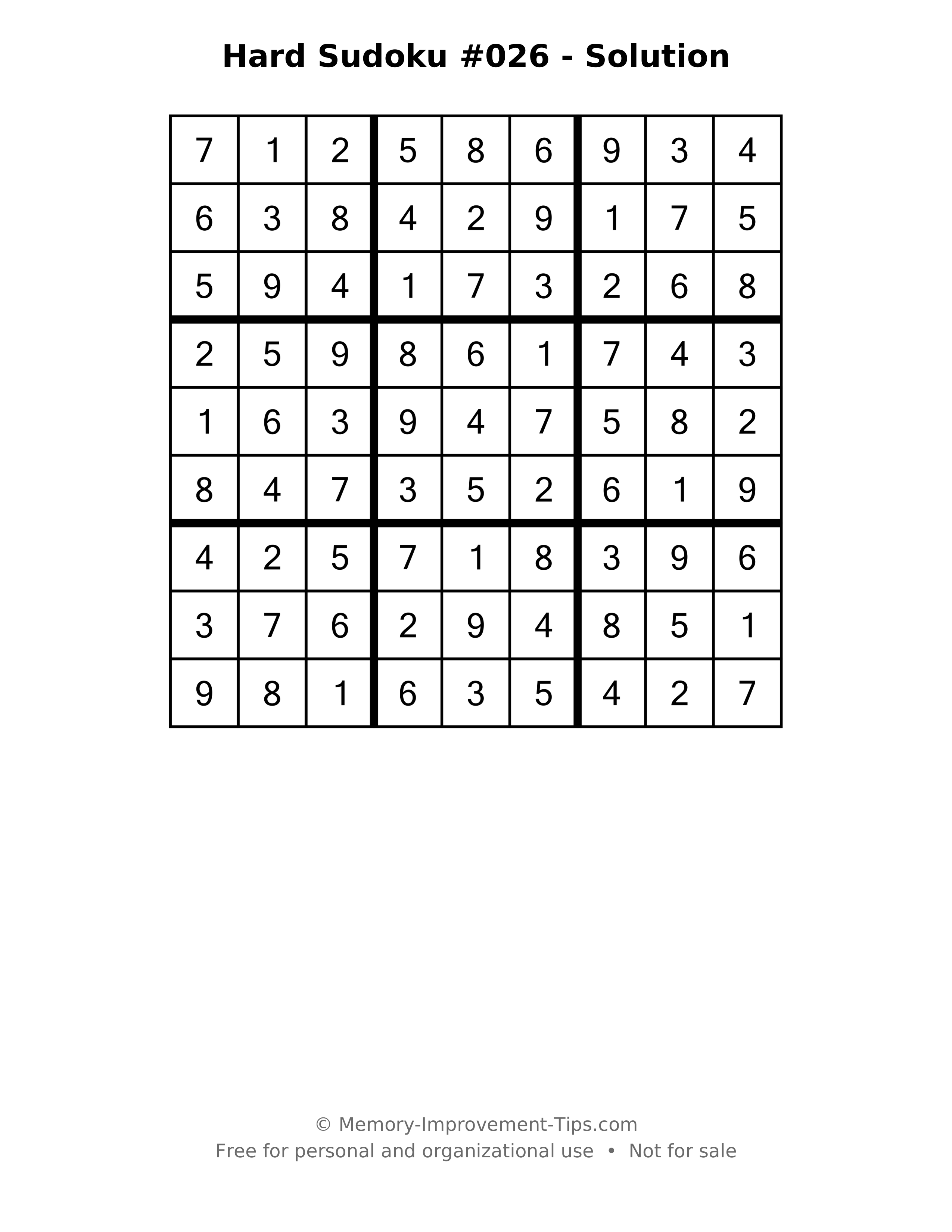 Printable solution: Hard Sudoku #026 - Solution