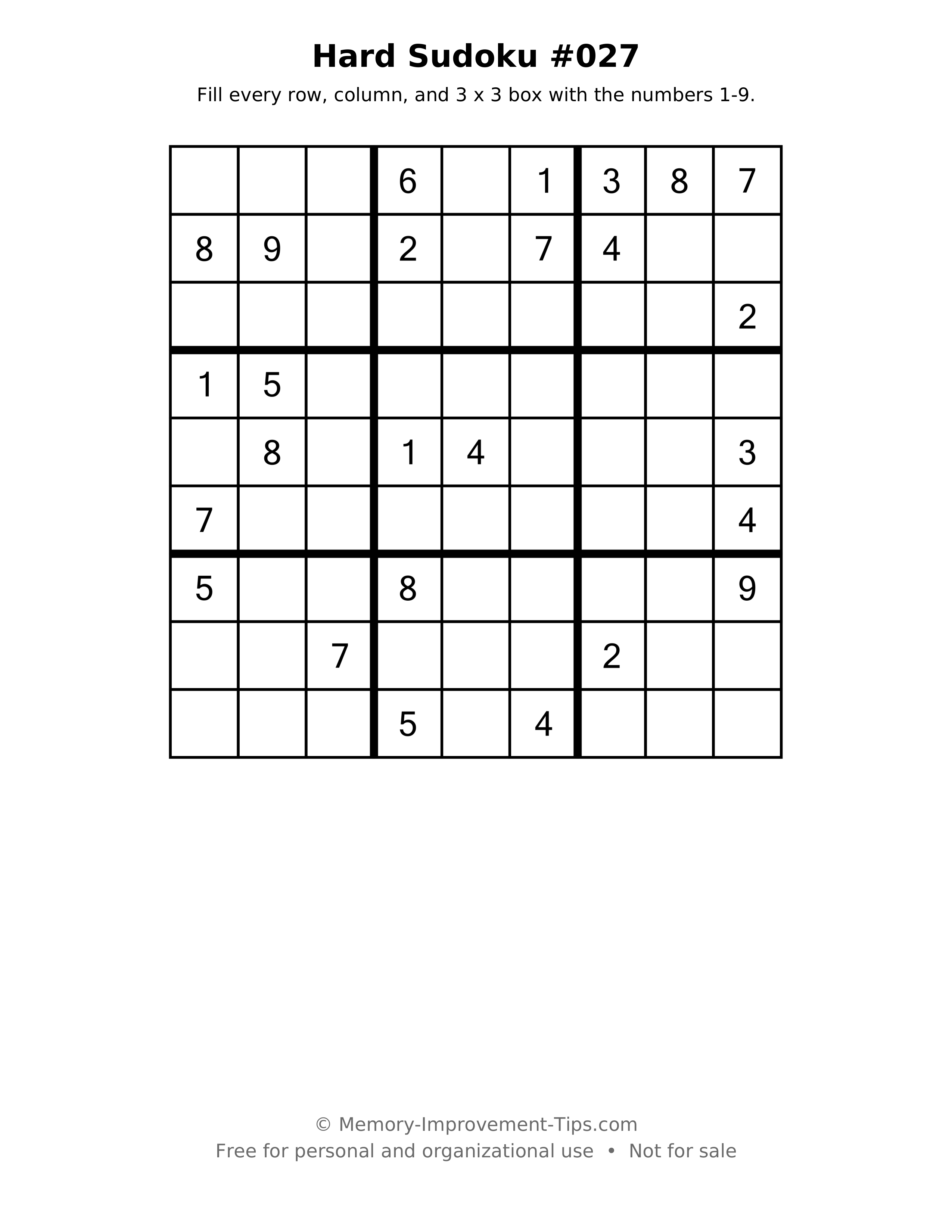 Printable puzzle: Hard Sudoku #027