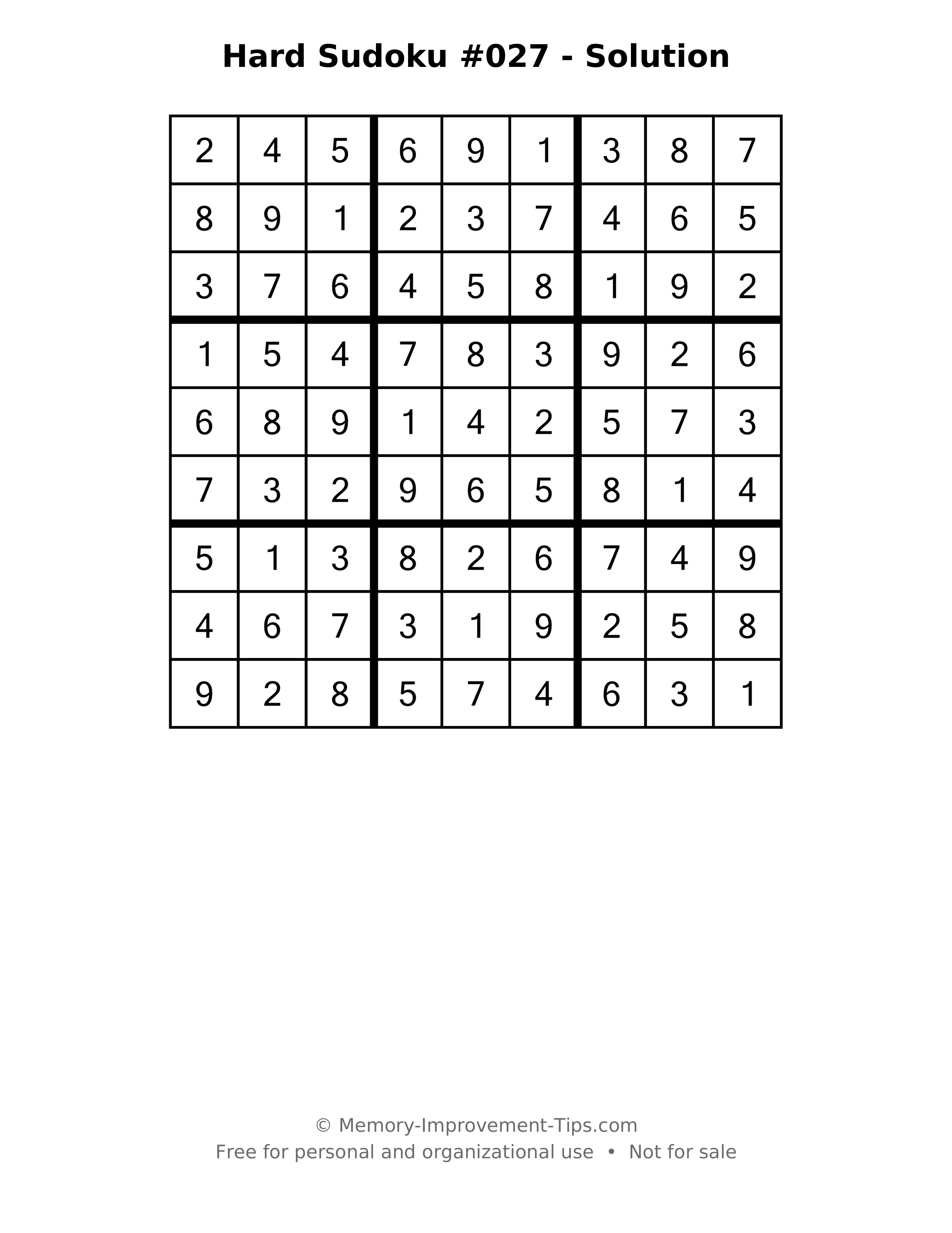 Printable solution: Hard Sudoku #027 - Solution