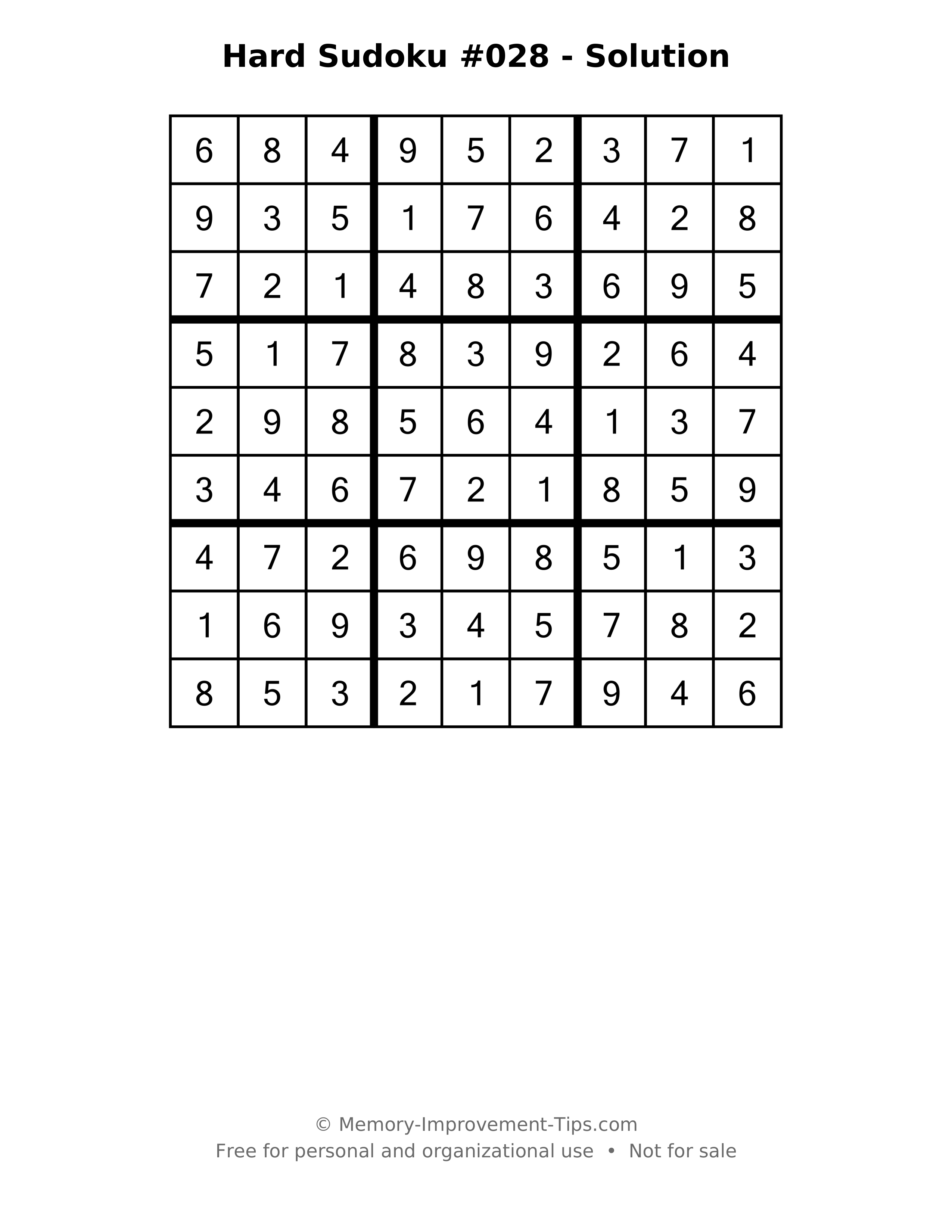 Printable solution: Hard Sudoku #028 - Solution