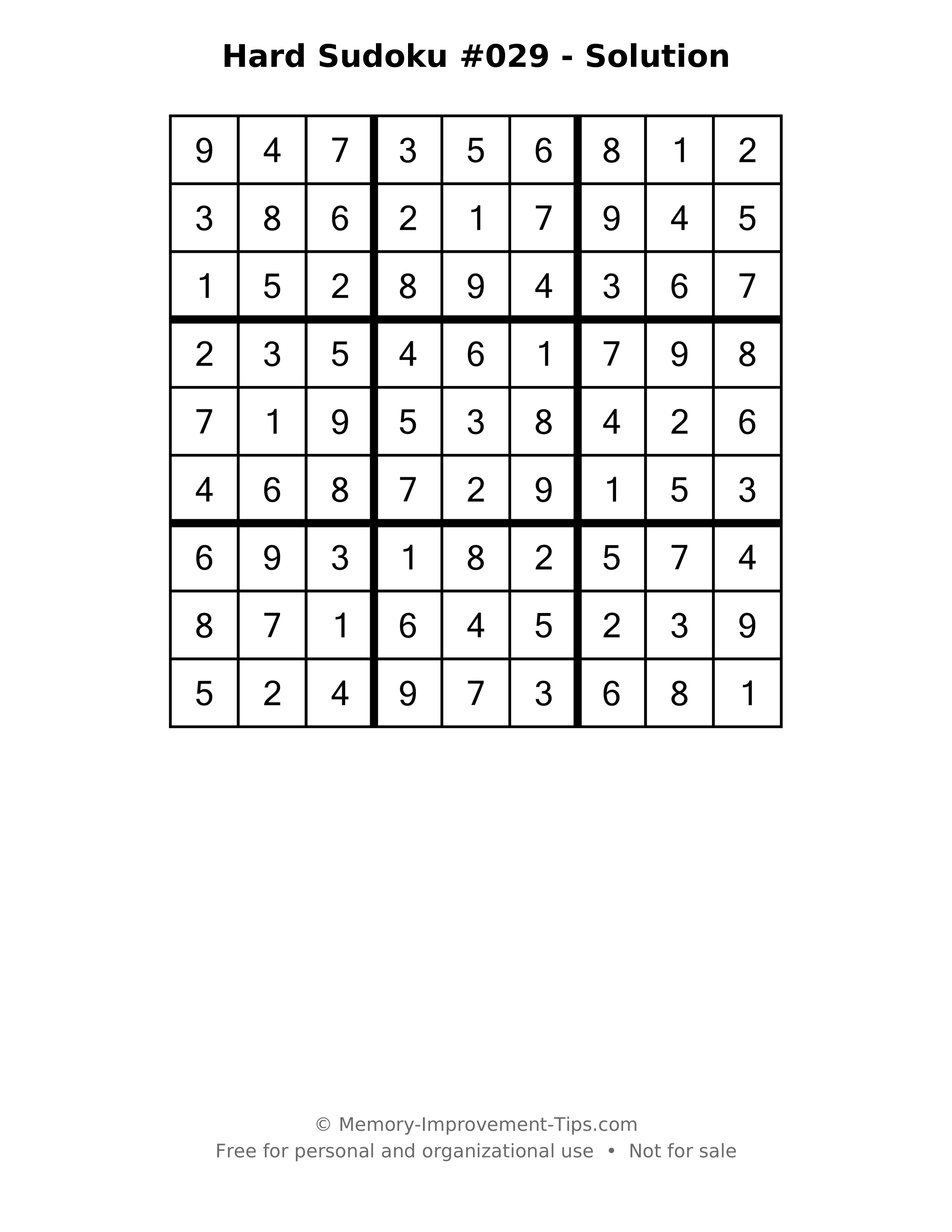 Printable solution: Hard Sudoku #029 - Solution