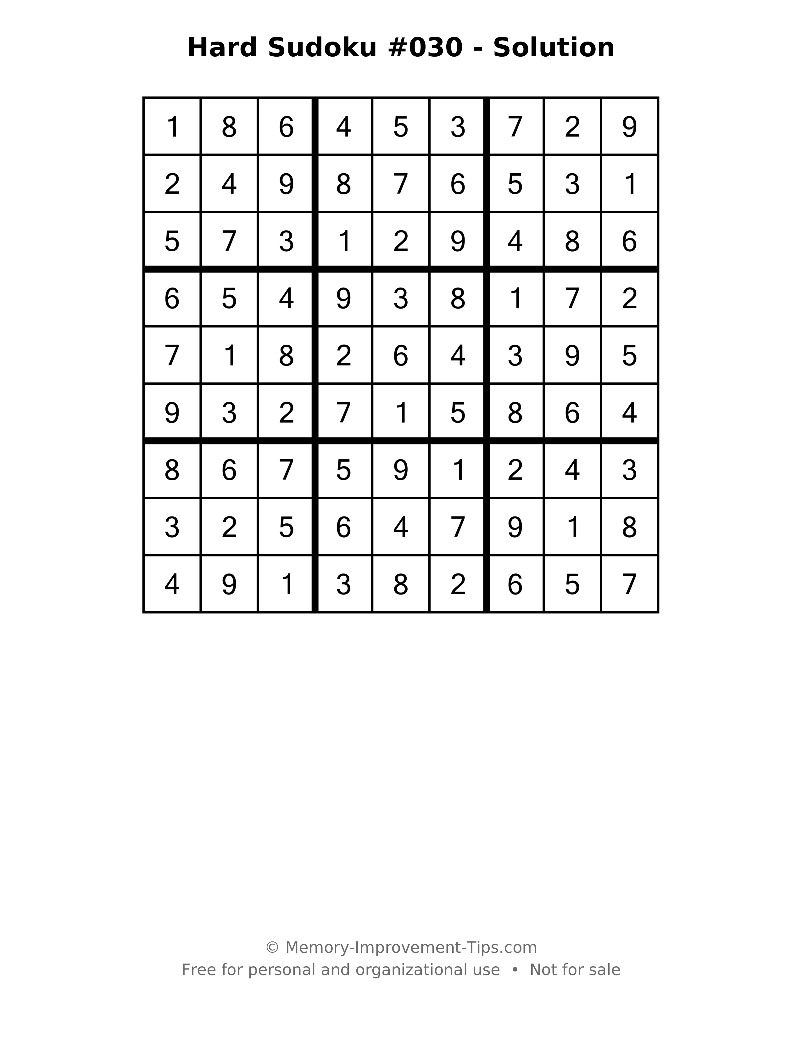 Printable solution: Hard Sudoku #030 - Solution