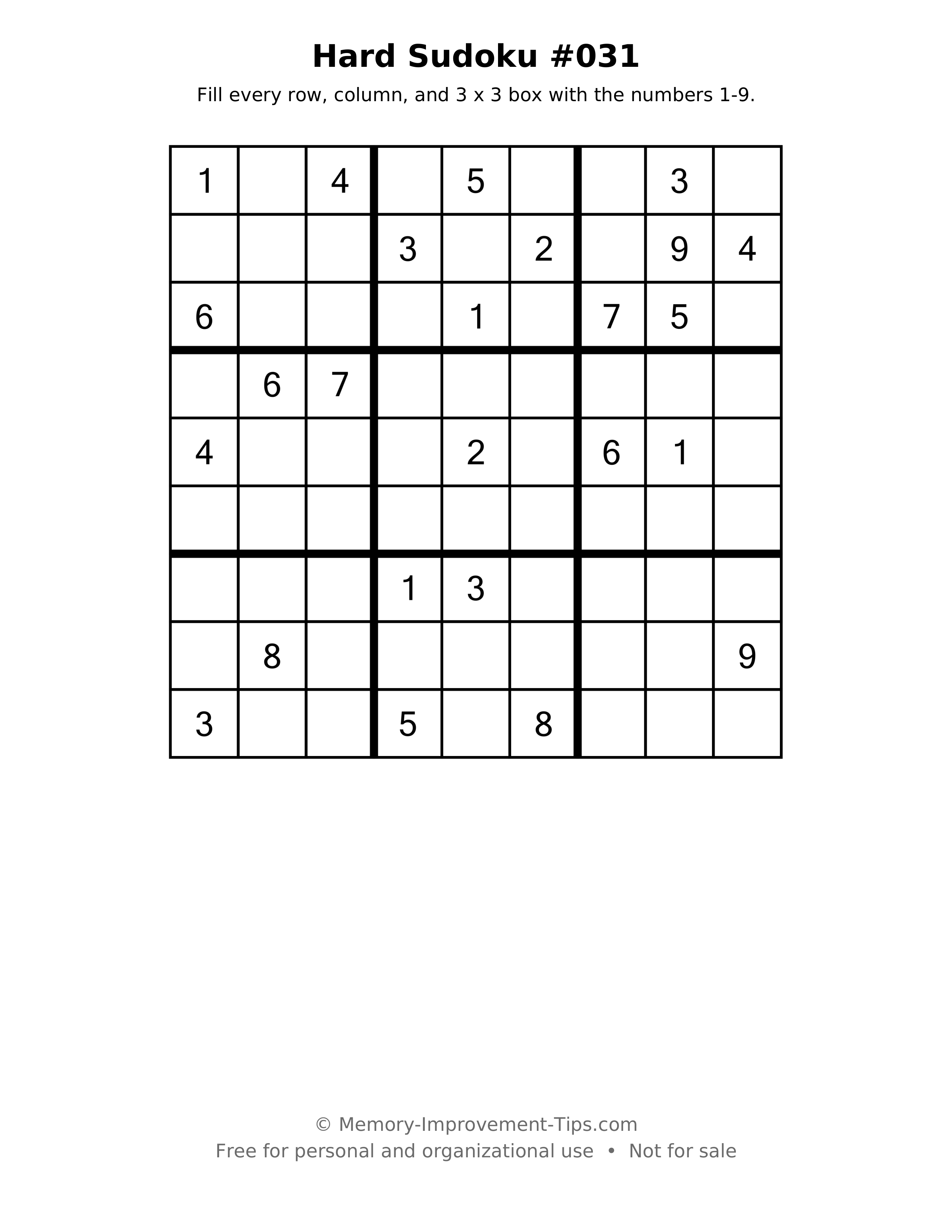 Printable puzzle: Hard Sudoku #031