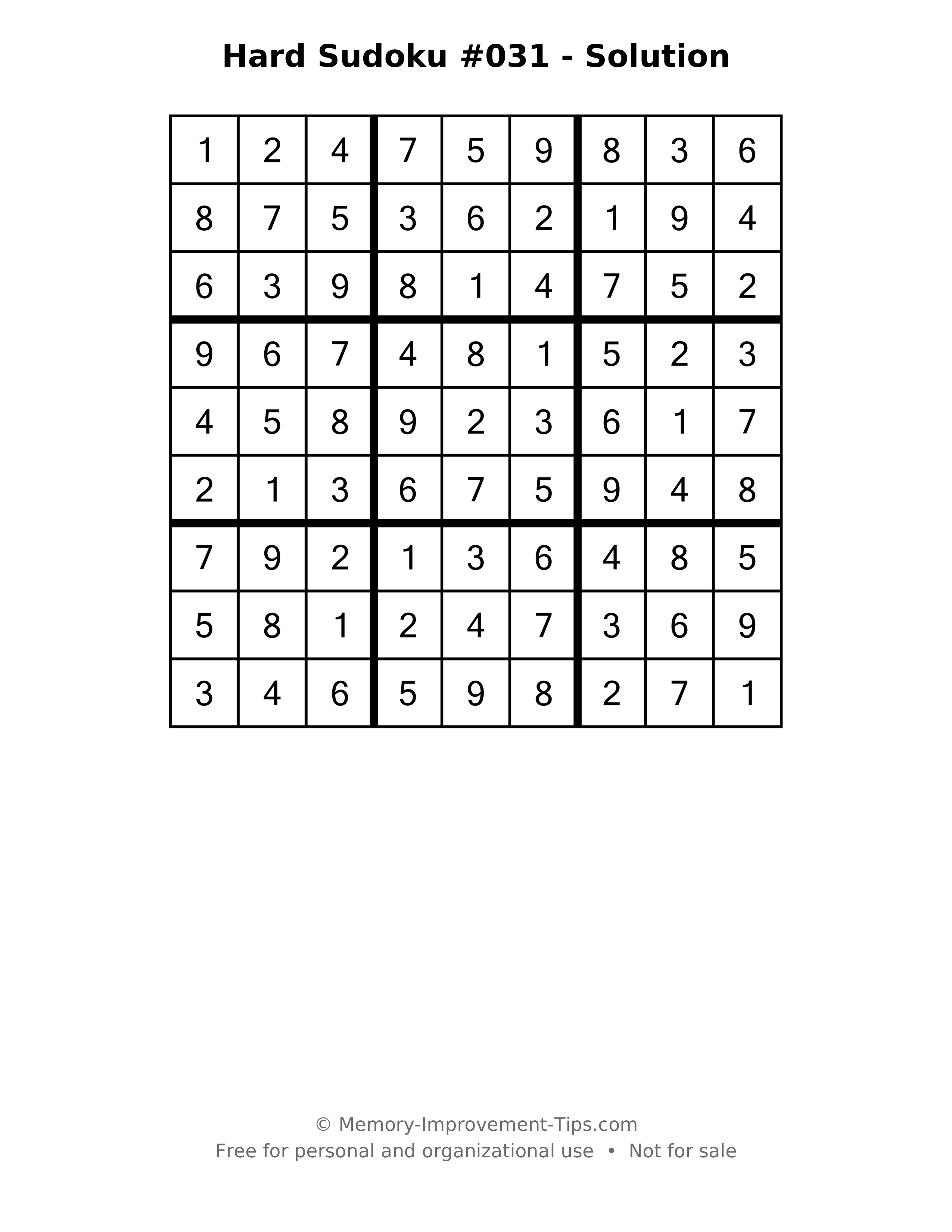 Printable solution: Hard Sudoku #031 - Solution