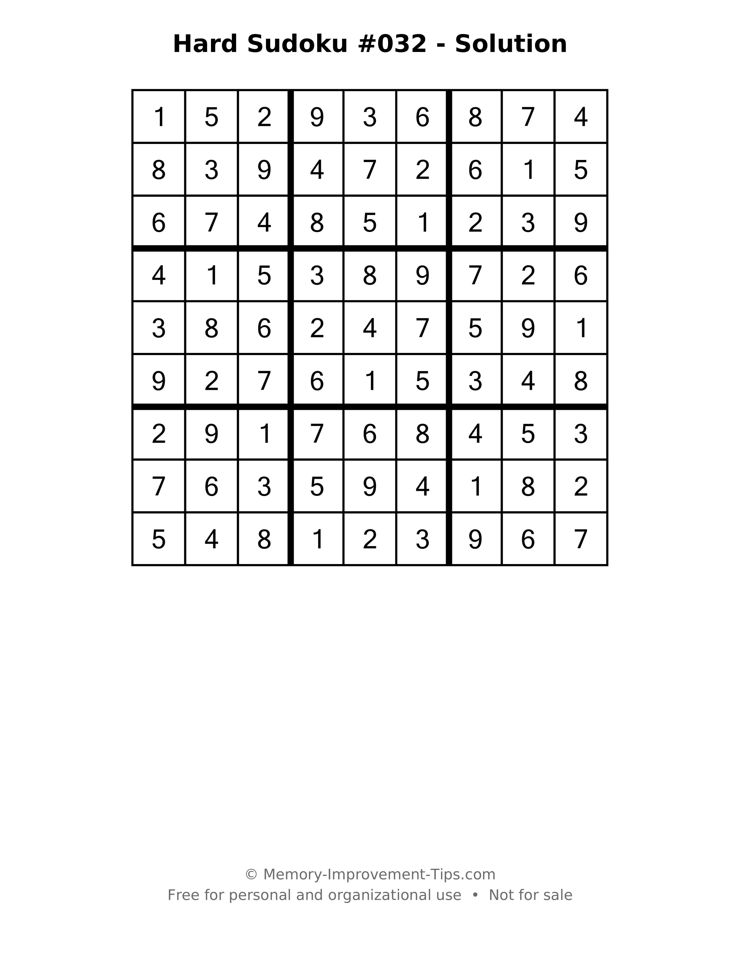 Printable solution: Hard Sudoku #032 - Solution