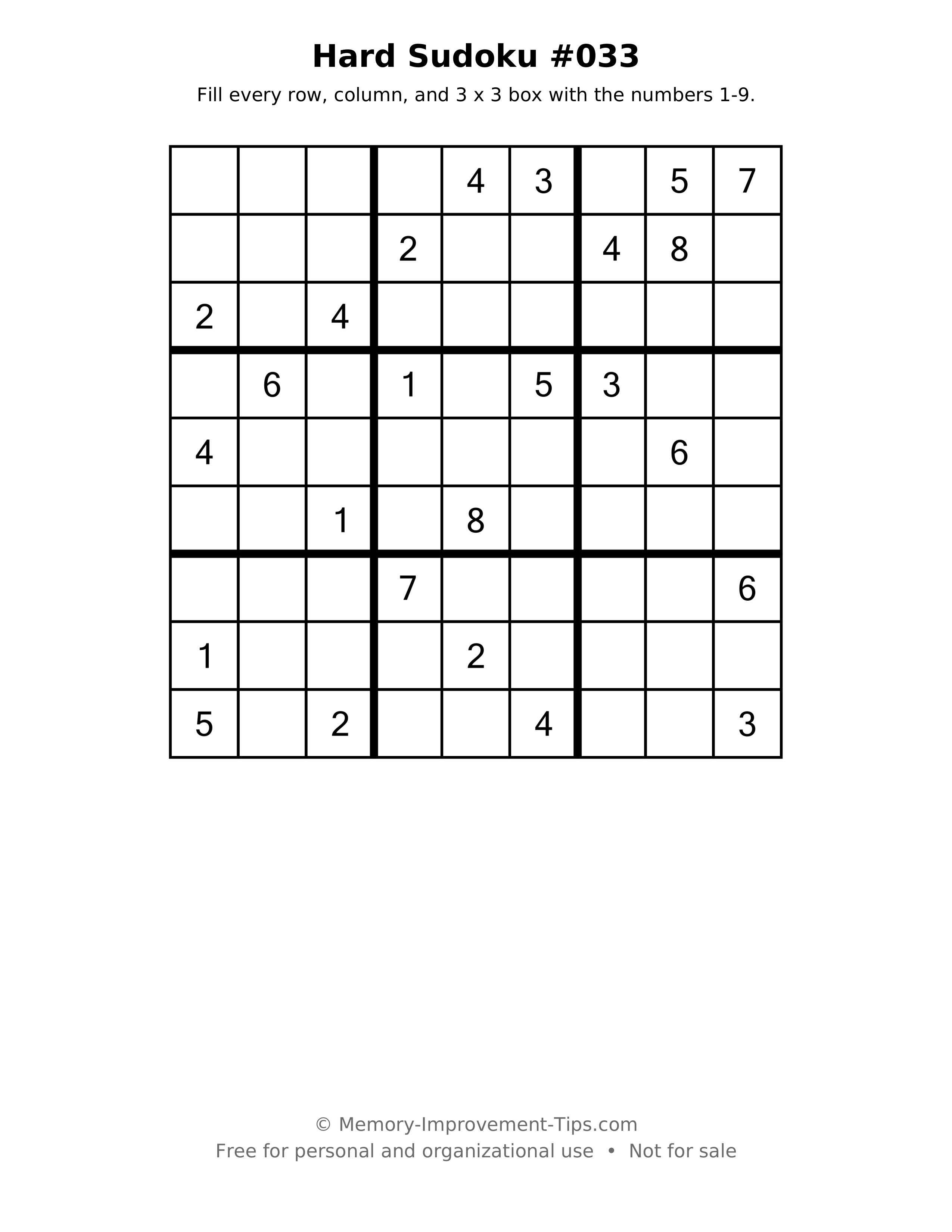 Printable puzzle: Hard Sudoku #033