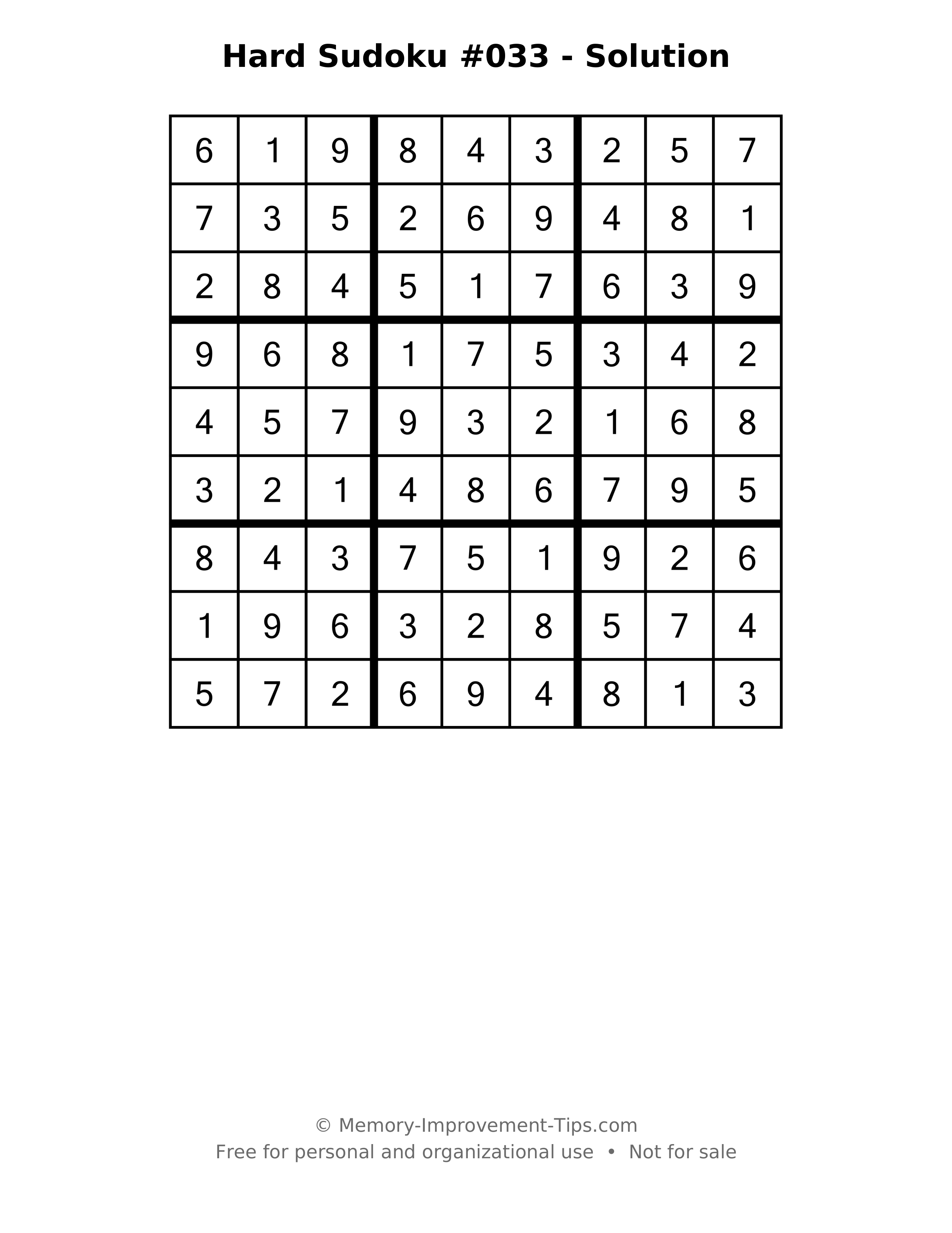Printable solution: Hard Sudoku #033 - Solution