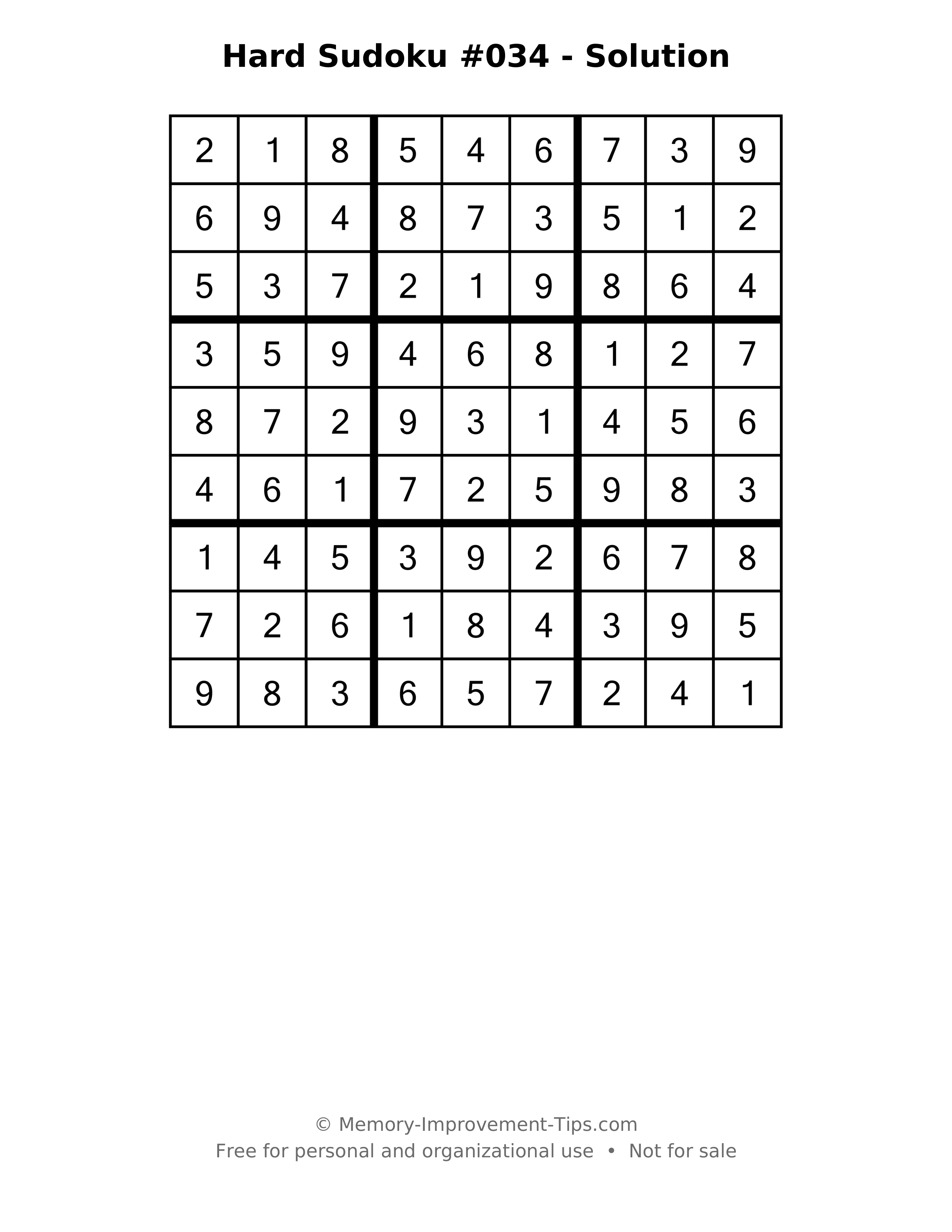 Printable solution: Hard Sudoku #034 - Solution