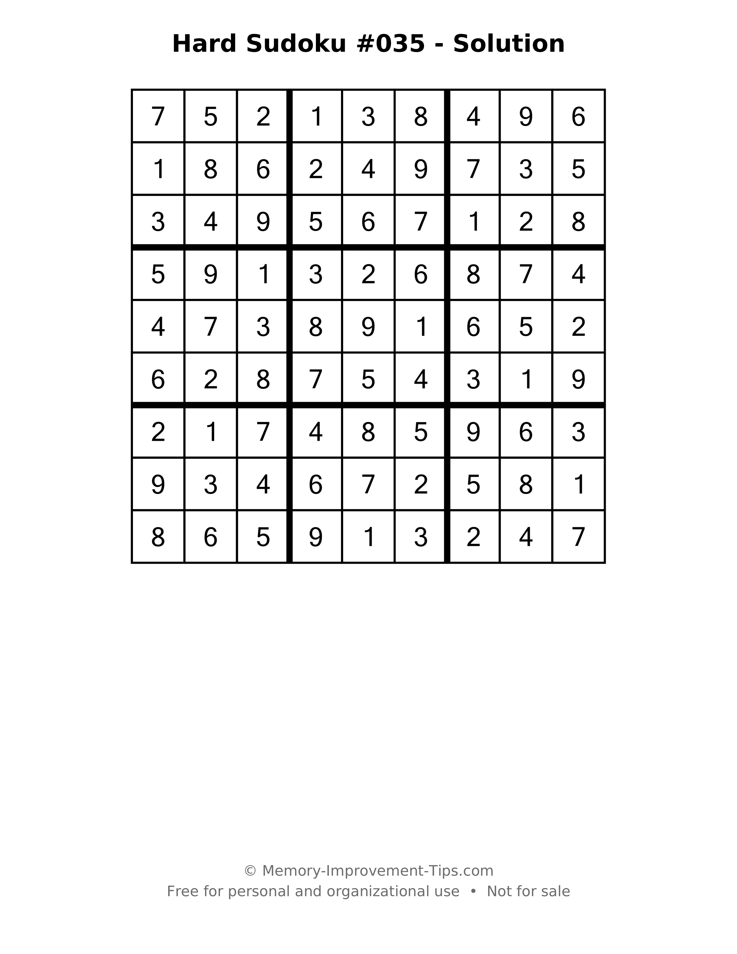 Printable solution: Hard Sudoku #035 - Solution