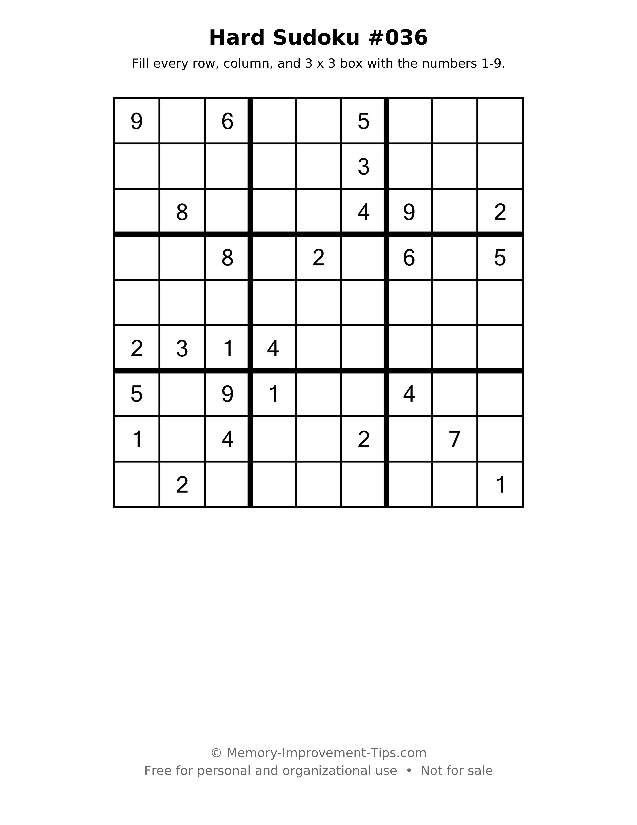 Printable puzzle: Hard Sudoku #036