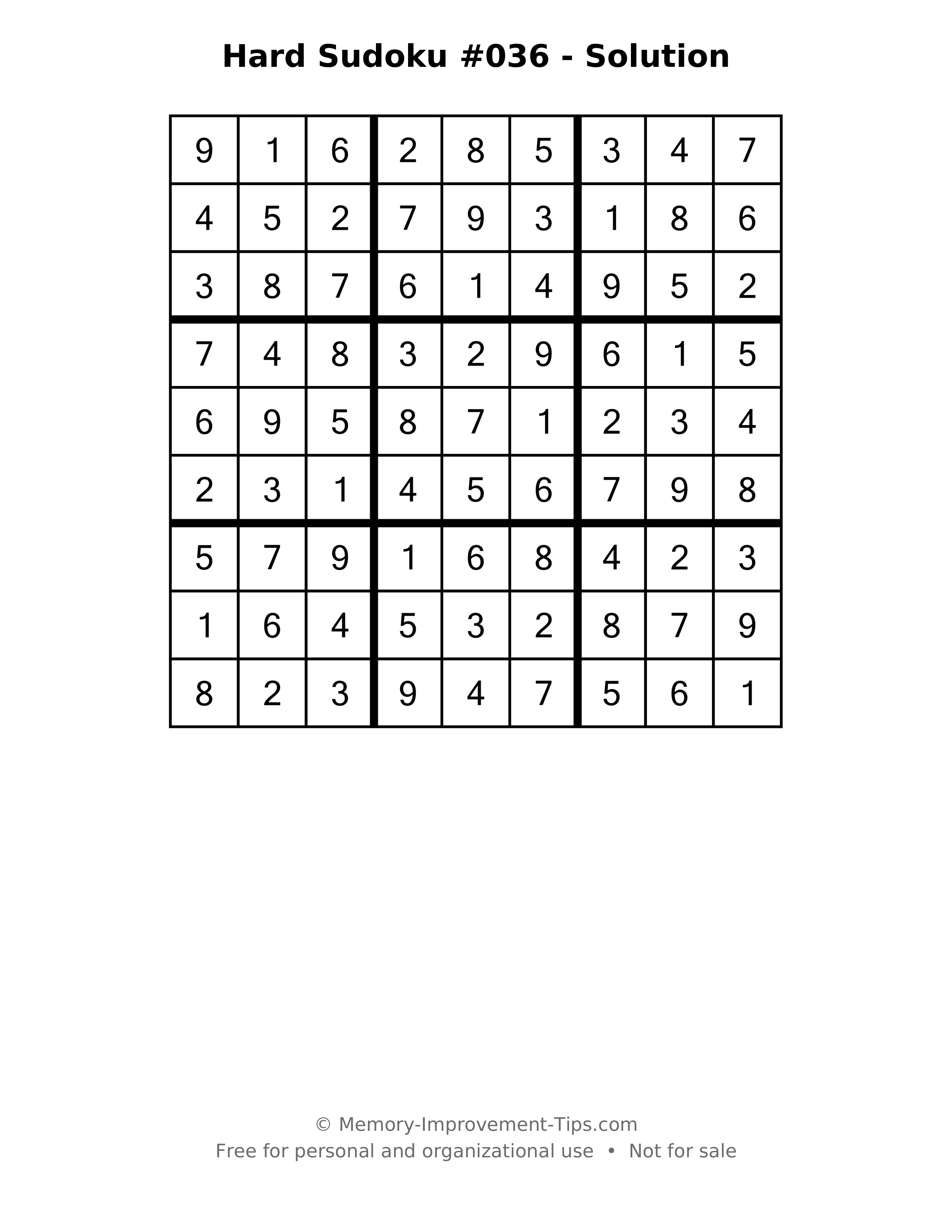 Printable solution: Hard Sudoku #036 - Solution
