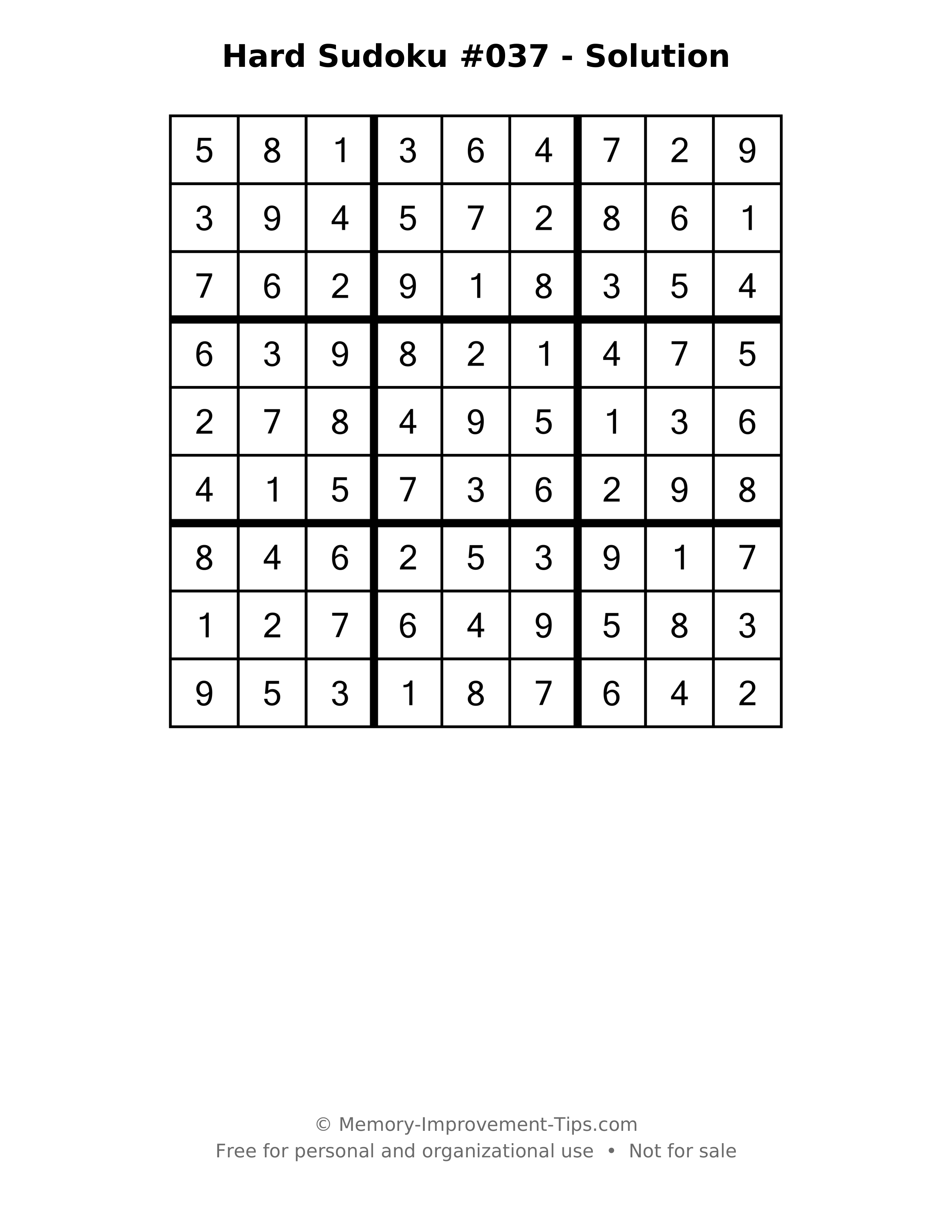 Printable solution: Hard Sudoku #037 - Solution