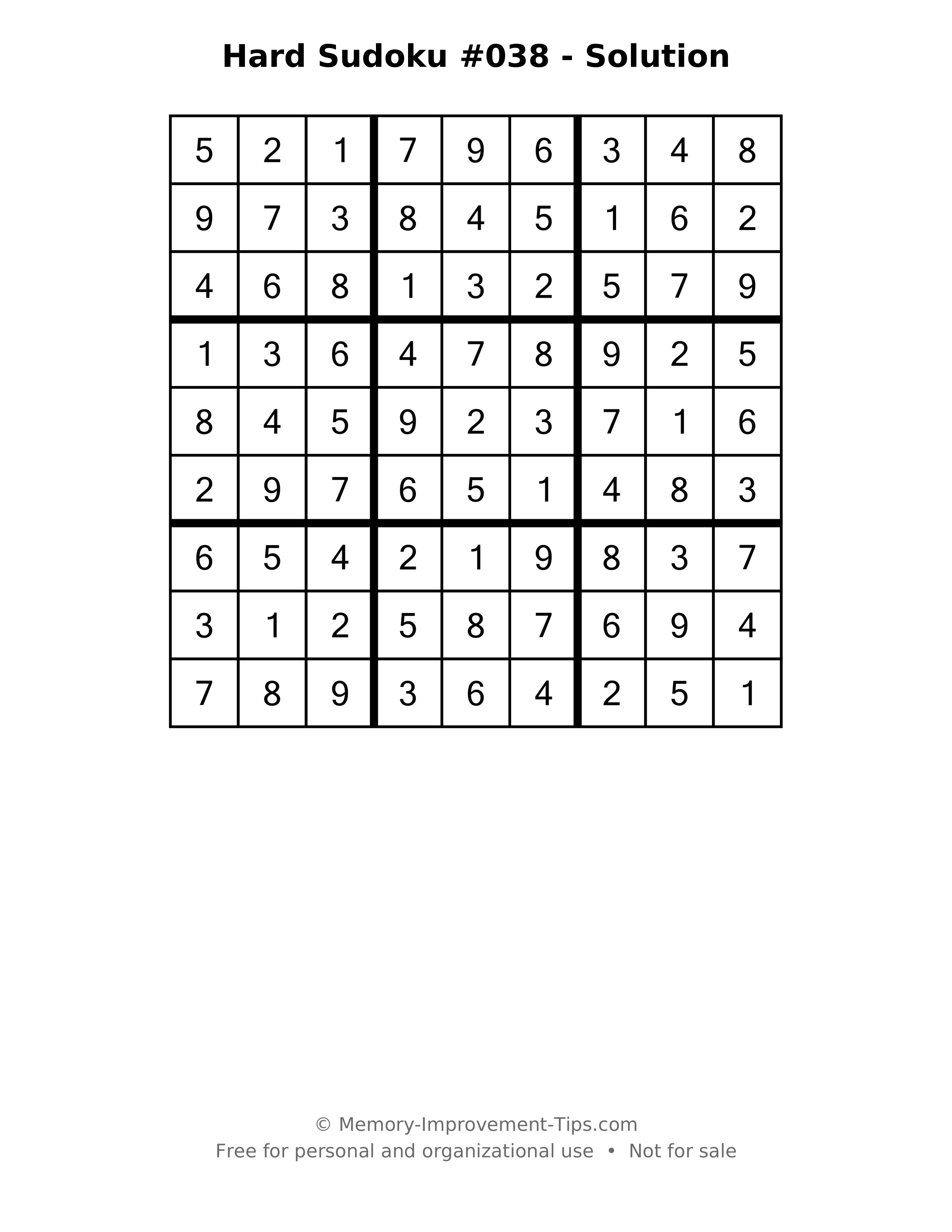 Printable solution: Hard Sudoku #038 - Solution