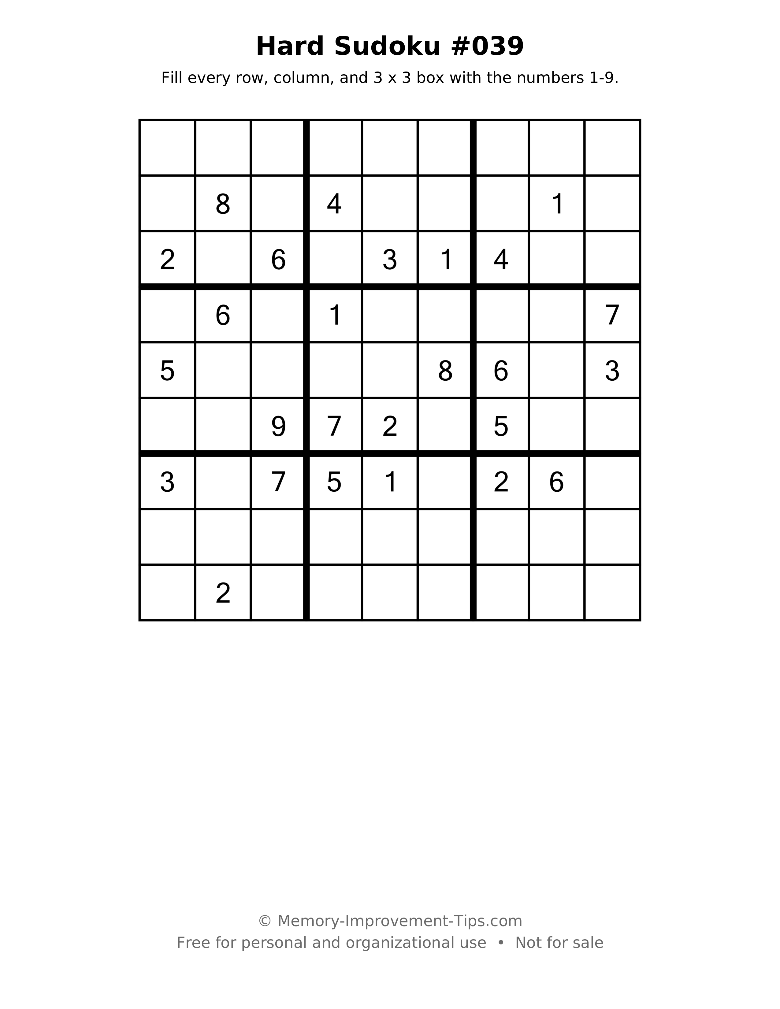 Printable puzzle: Hard Sudoku #039