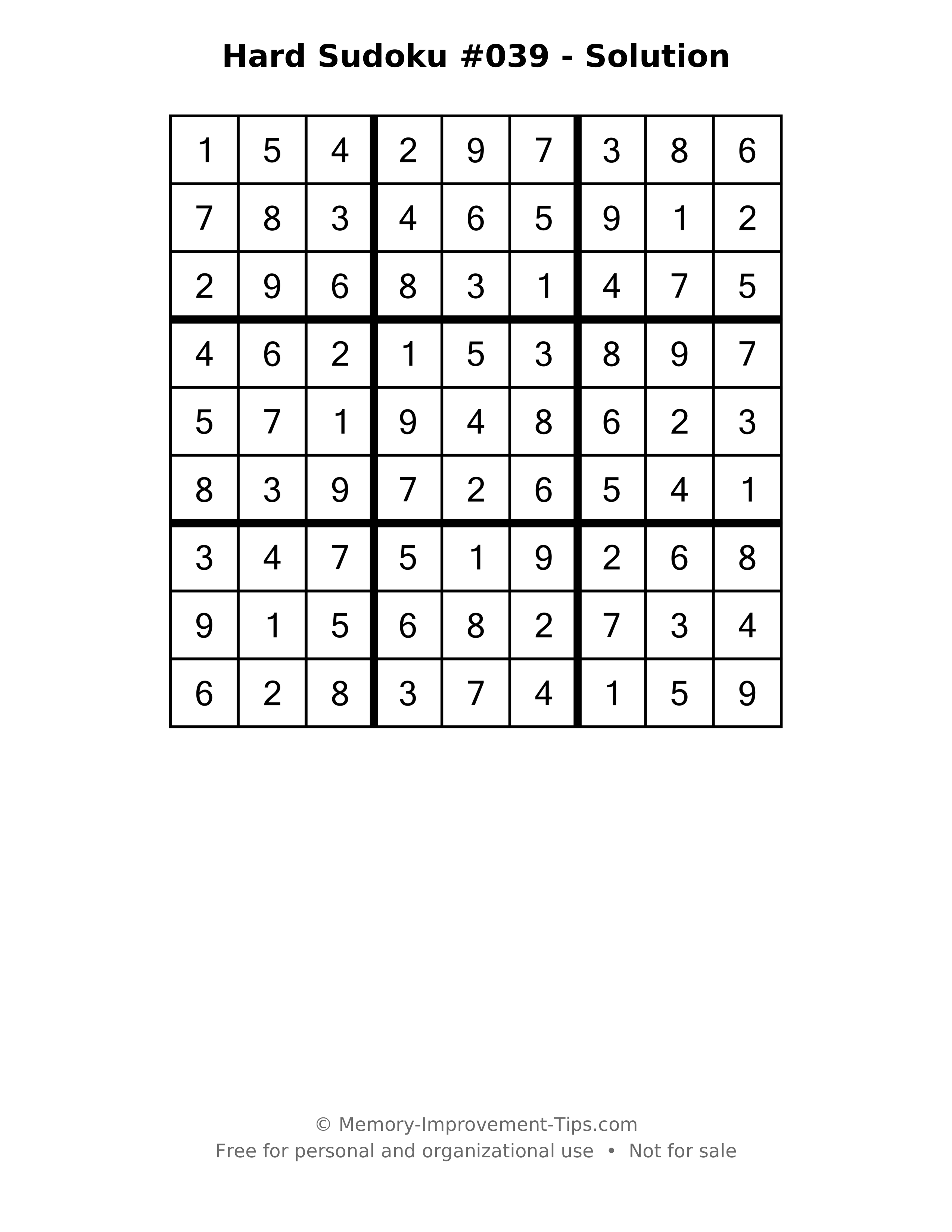 Printable solution: Hard Sudoku #039 - Solution