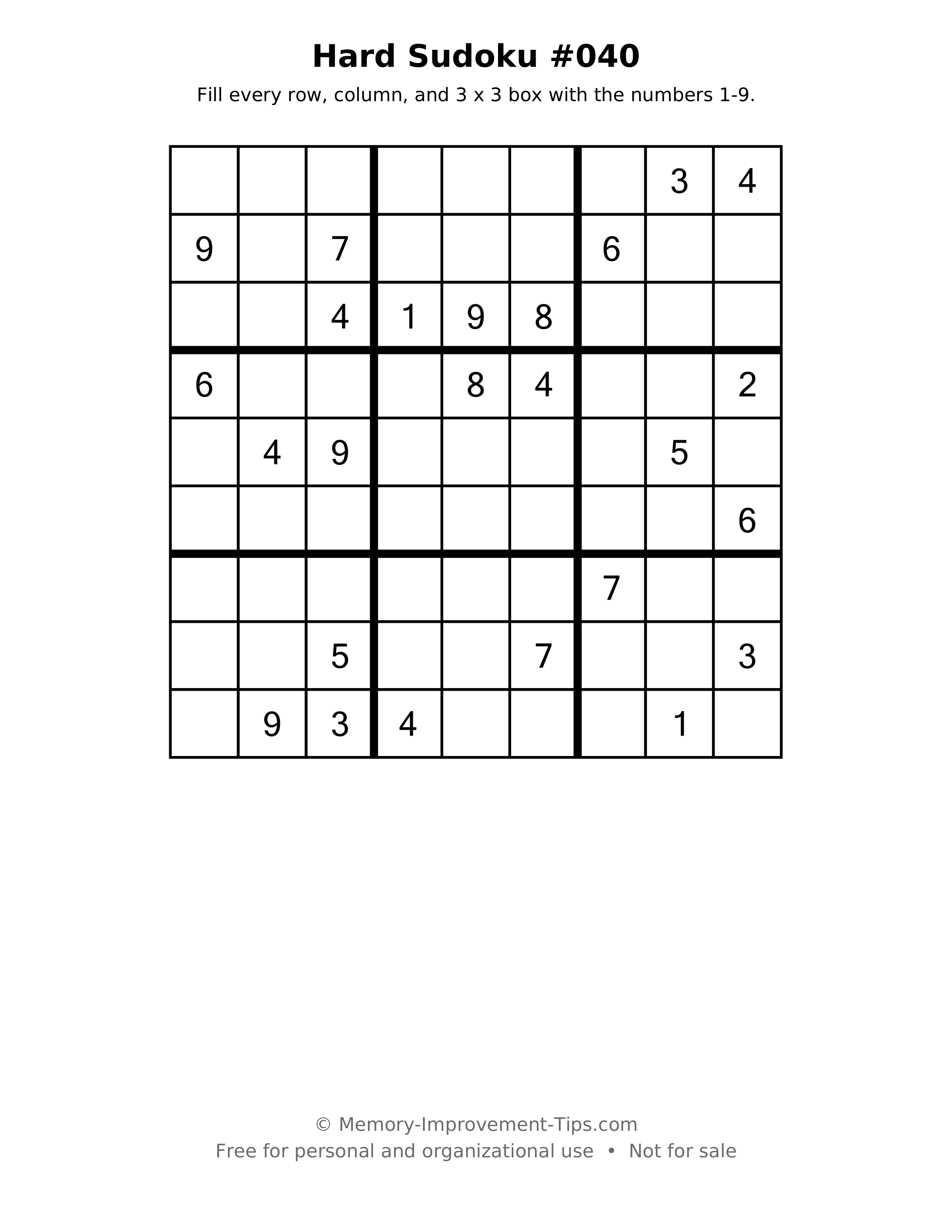 Printable puzzle: Hard Sudoku #040