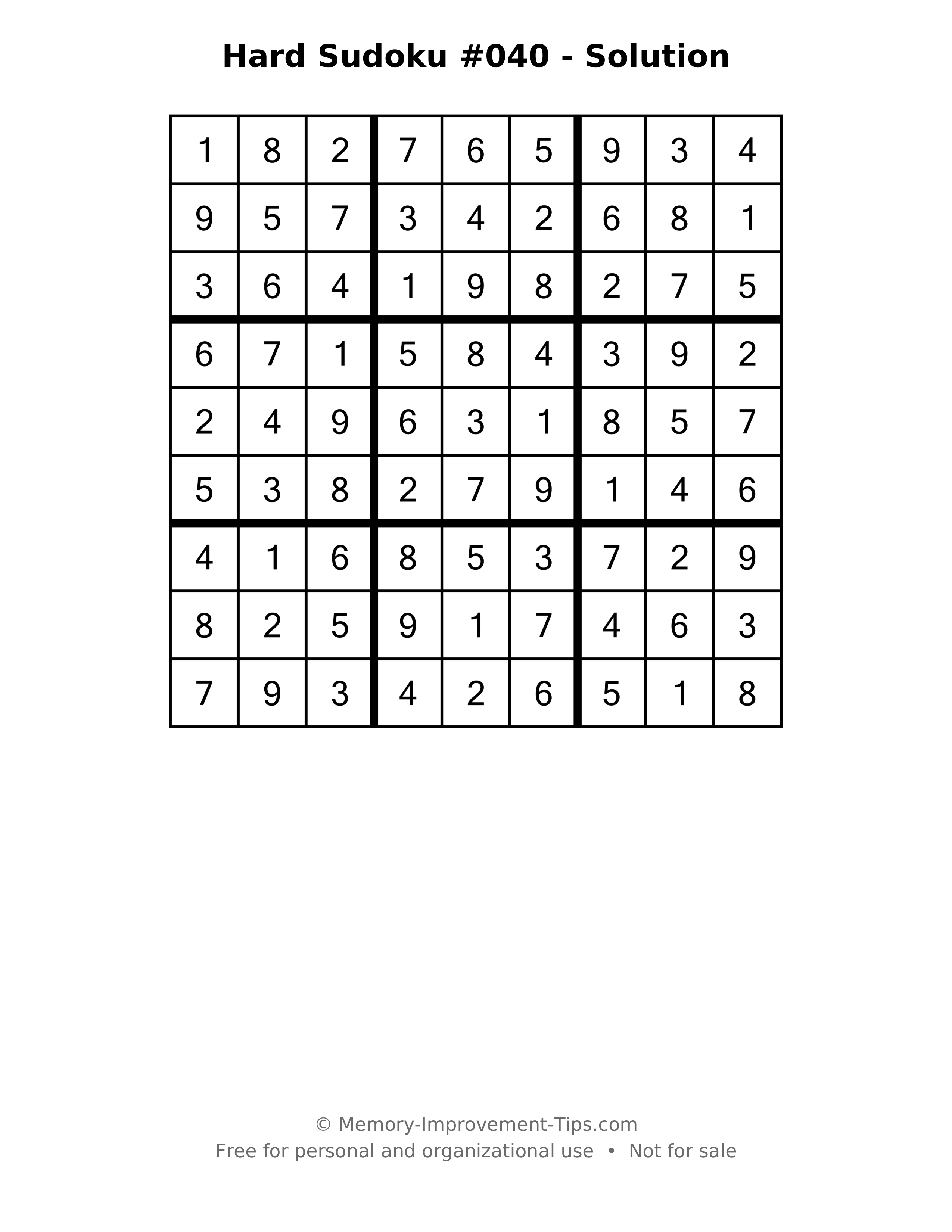 Printable solution: Hard Sudoku #040 - Solution