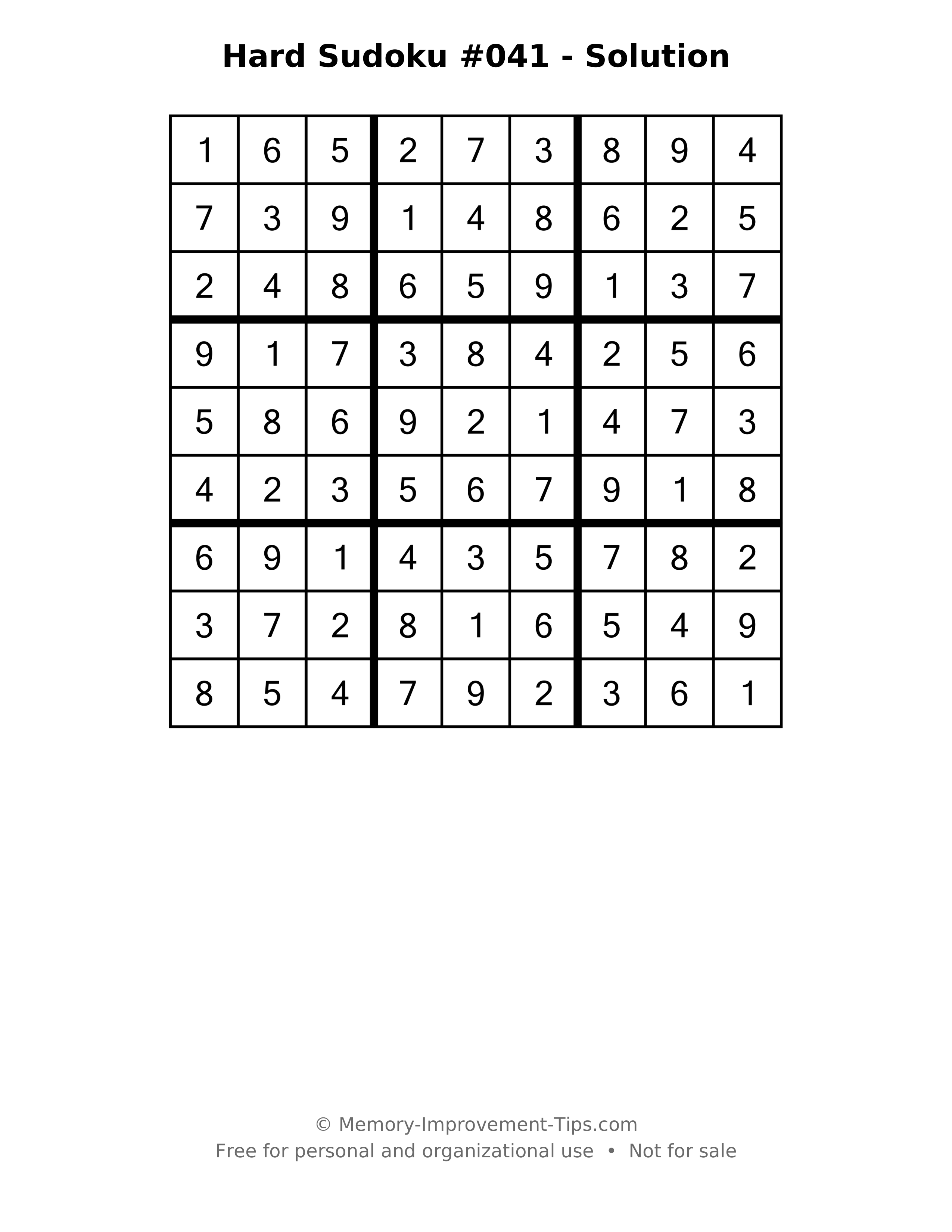 Printable solution: Hard Sudoku #041 - Solution
