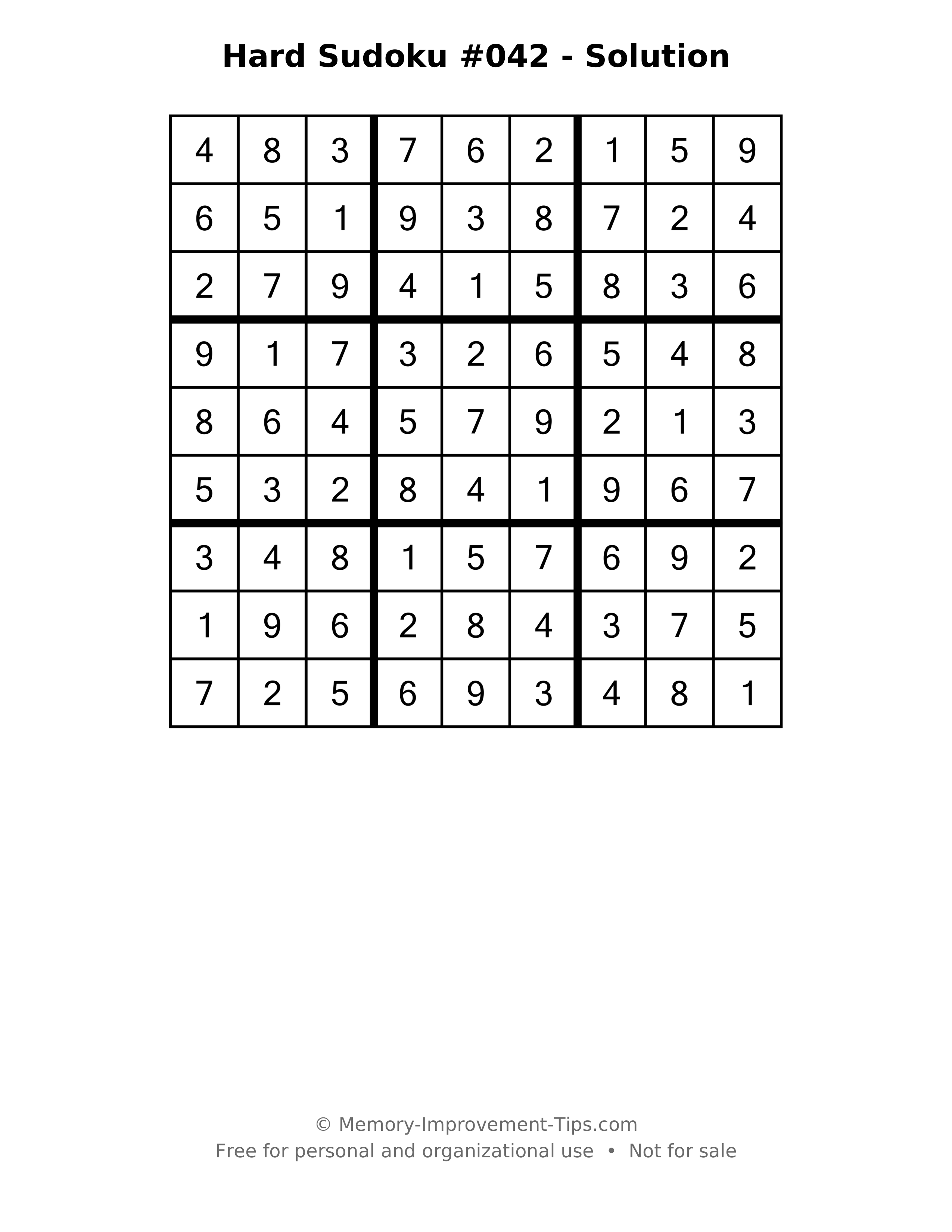 Printable solution: Hard Sudoku #042 - Solution