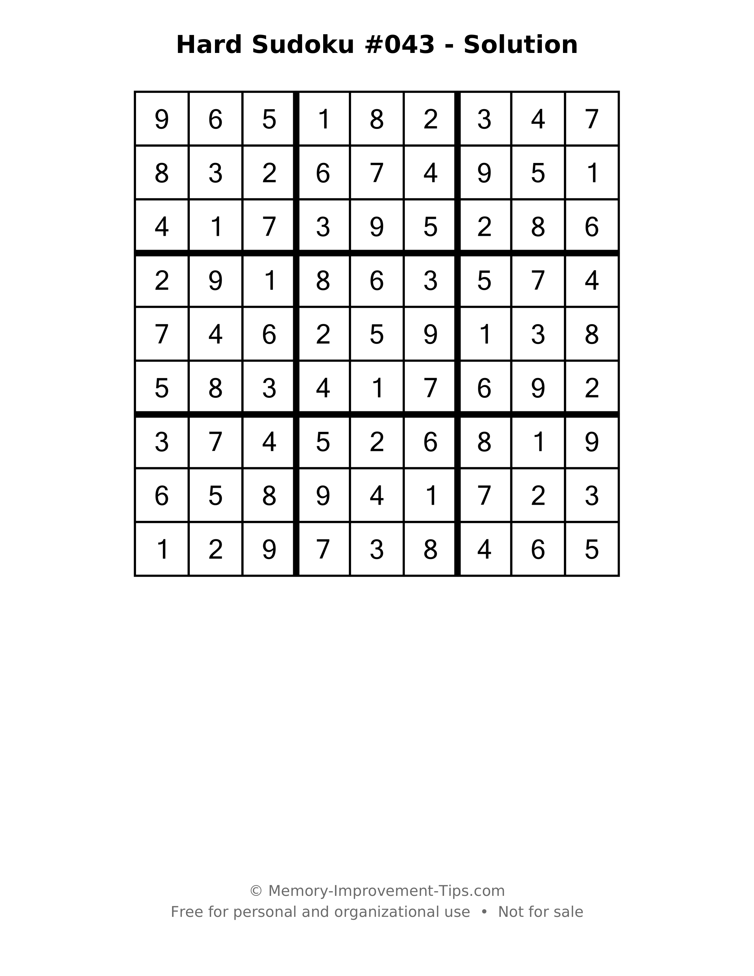 Printable solution: Hard Sudoku #043 - Solution