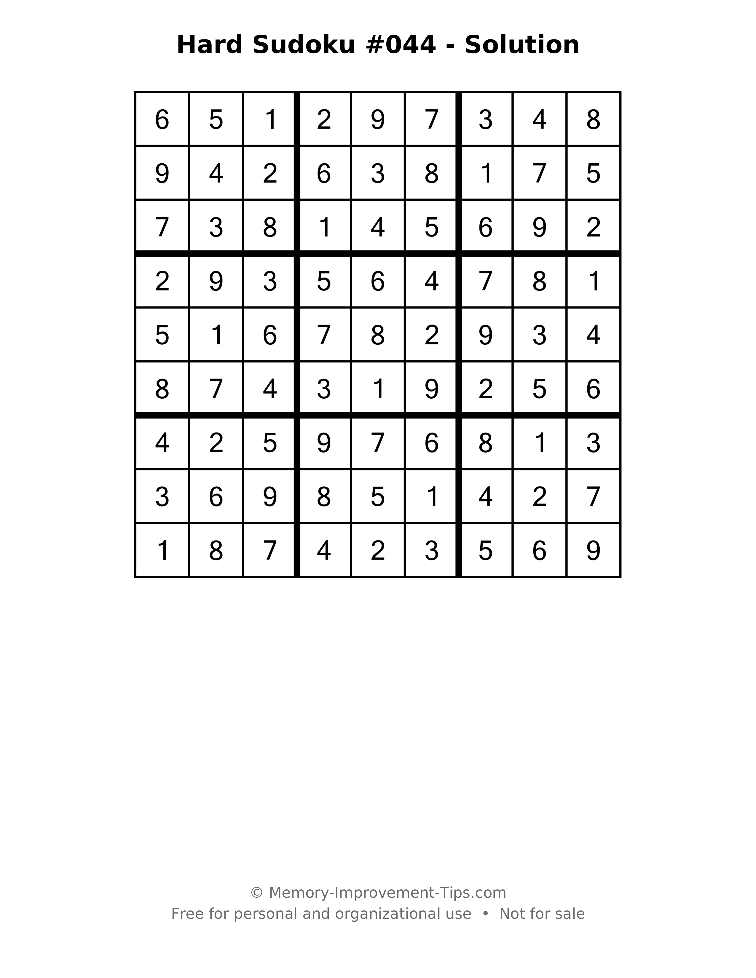 Printable solution: Hard Sudoku #044 - Solution