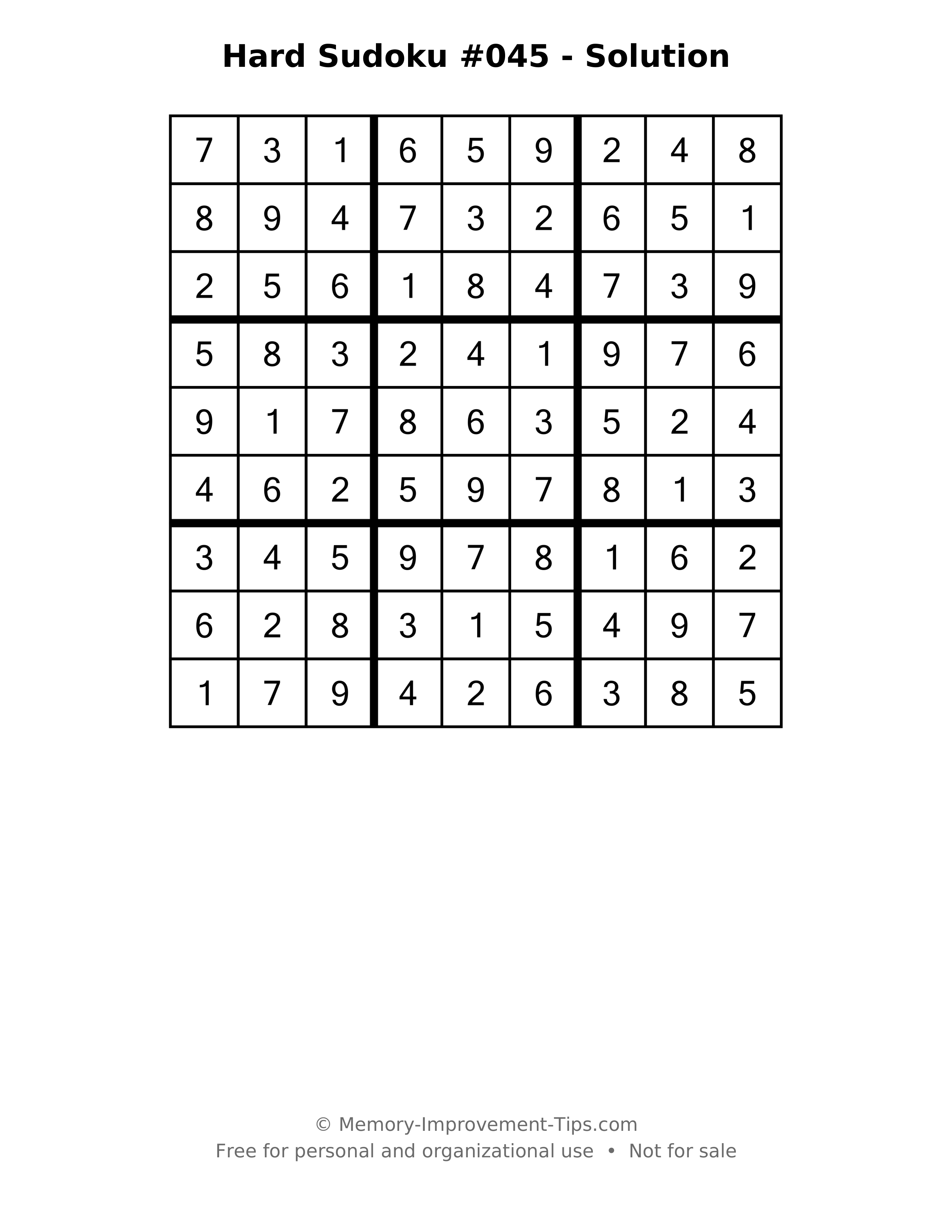 Printable solution: Hard Sudoku #045 - Solution
