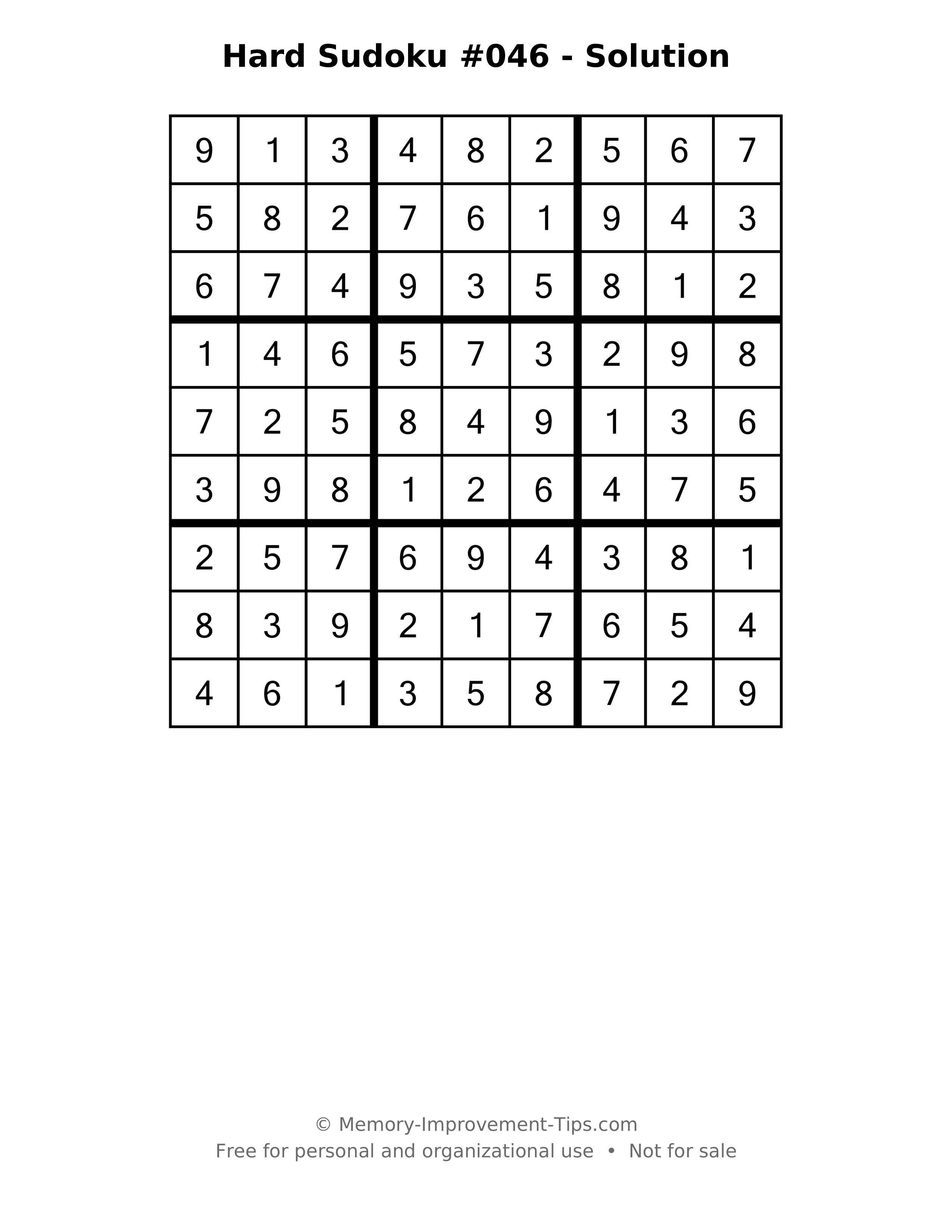 Printable solution: Hard Sudoku #046 - Solution