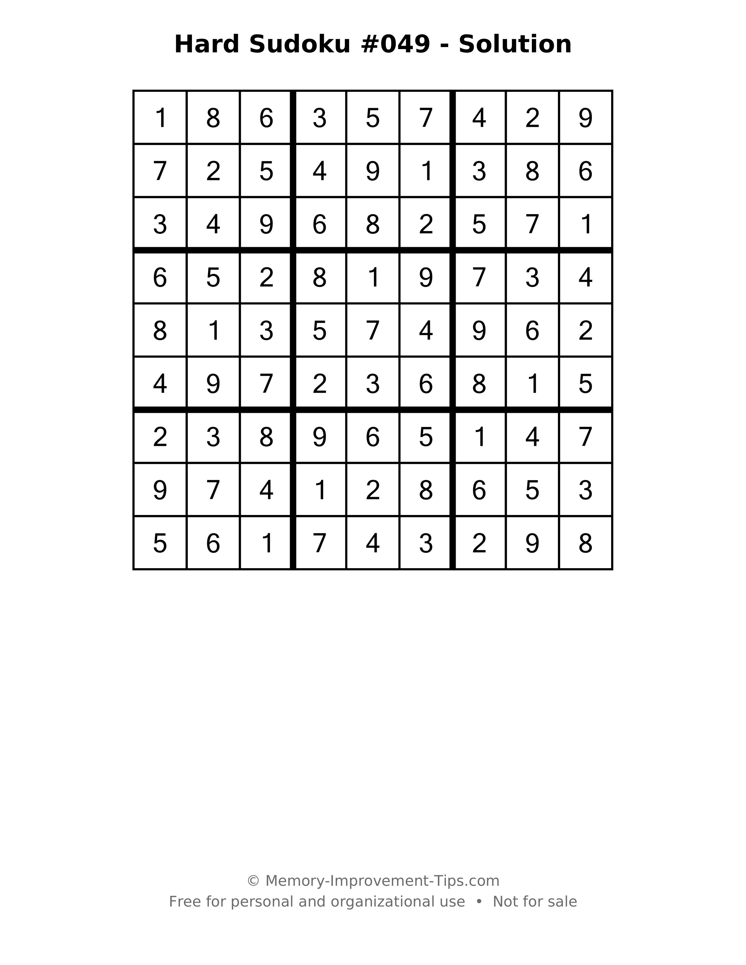 Printable solution: Hard Sudoku #049 - Solution