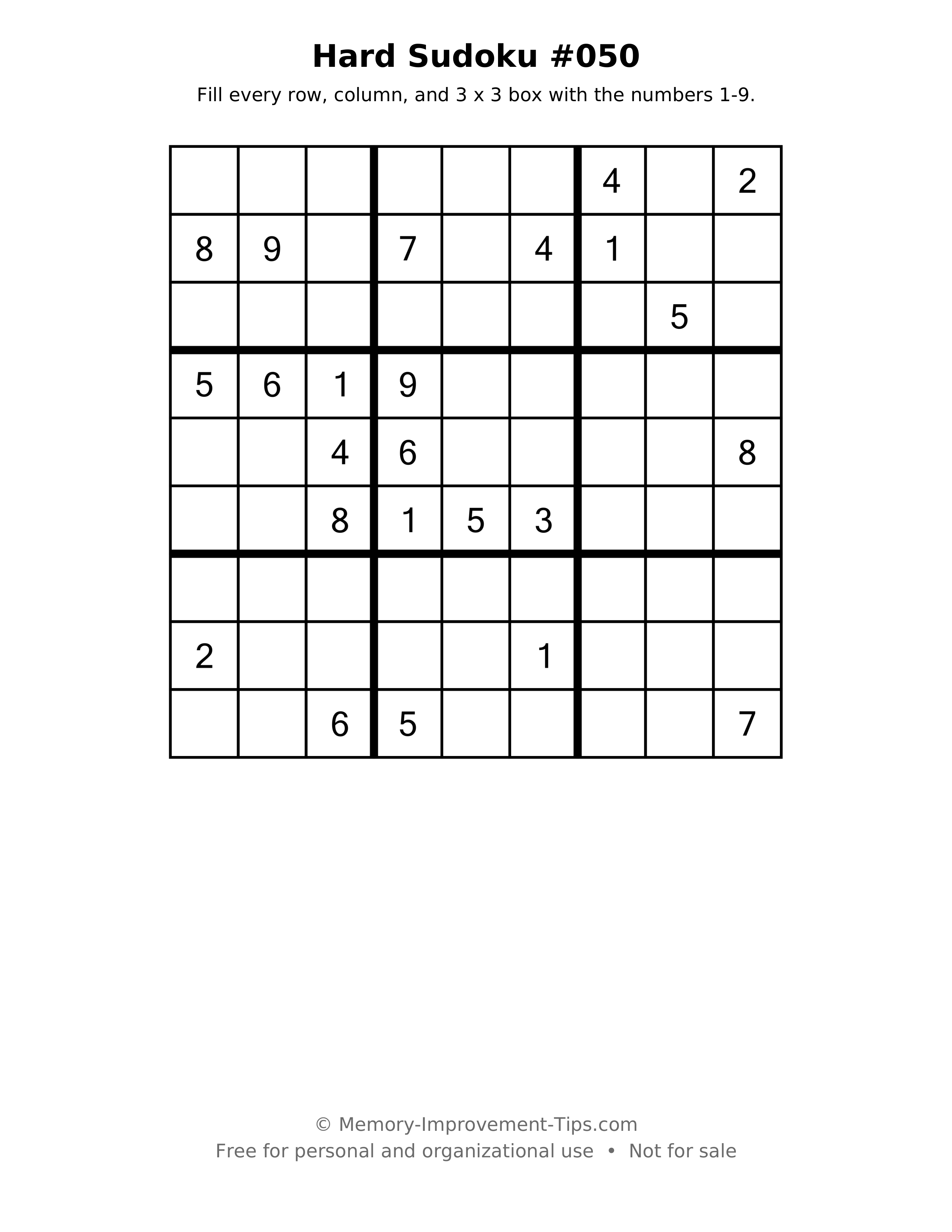 Printable puzzle: Hard Sudoku #050