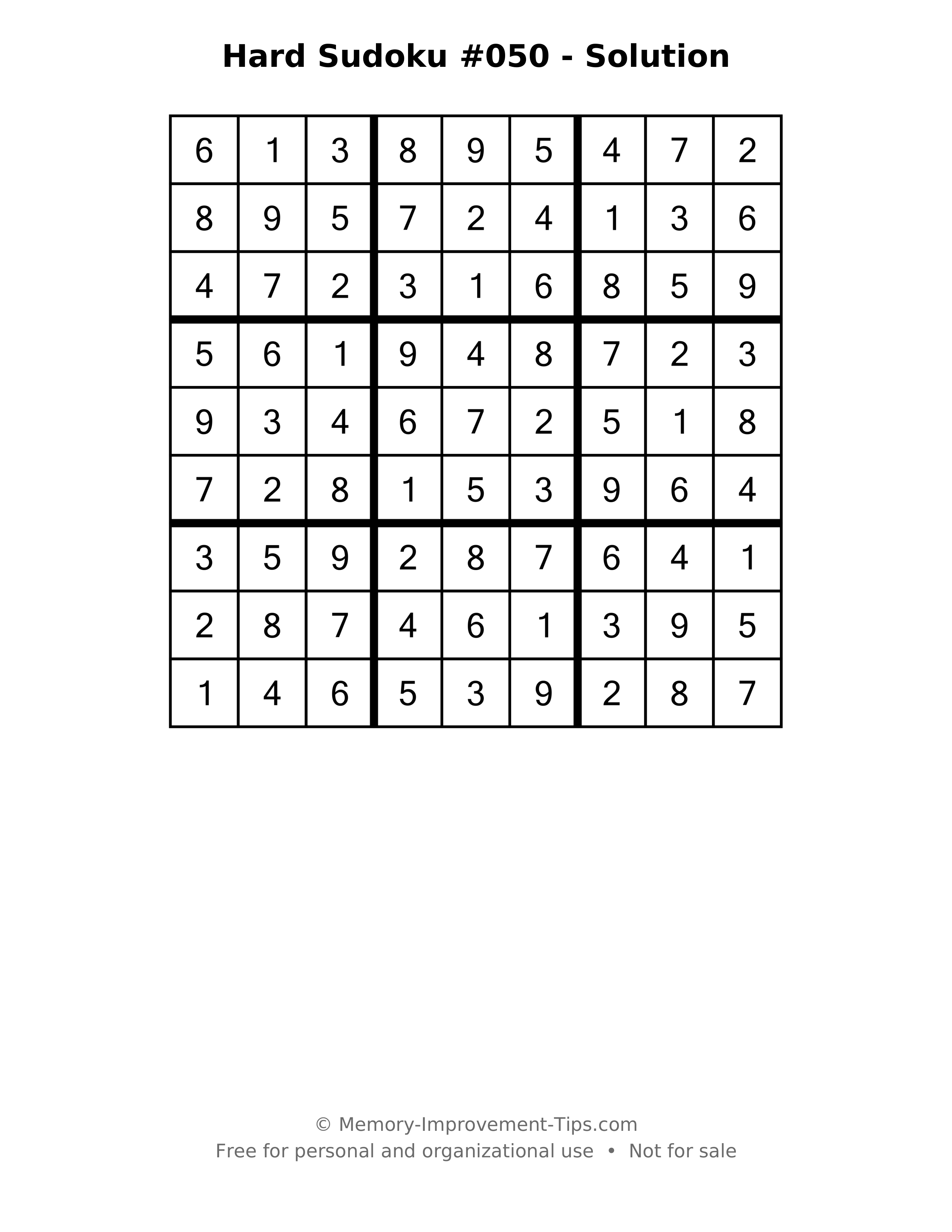 Printable solution: Hard Sudoku #050 - Solution