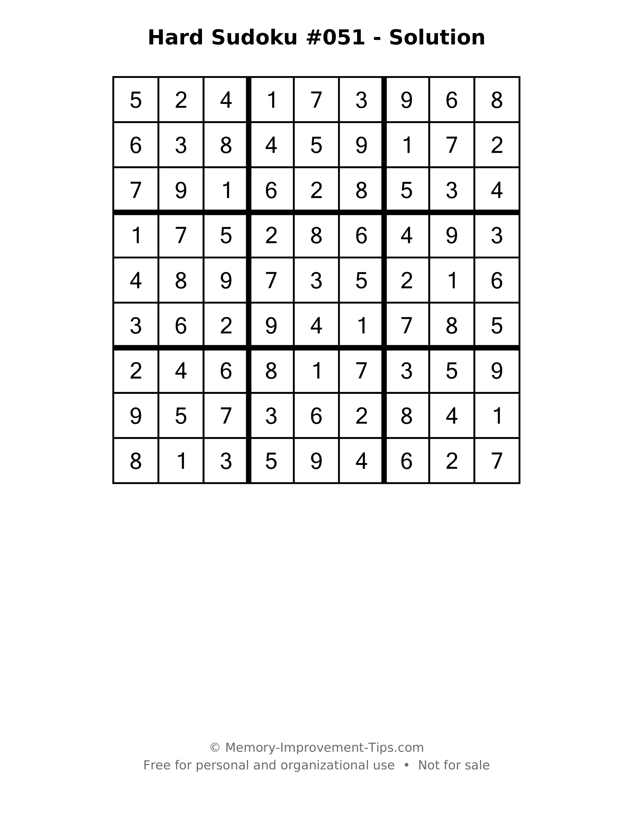 Printable solution: Hard Sudoku #051 - Solution