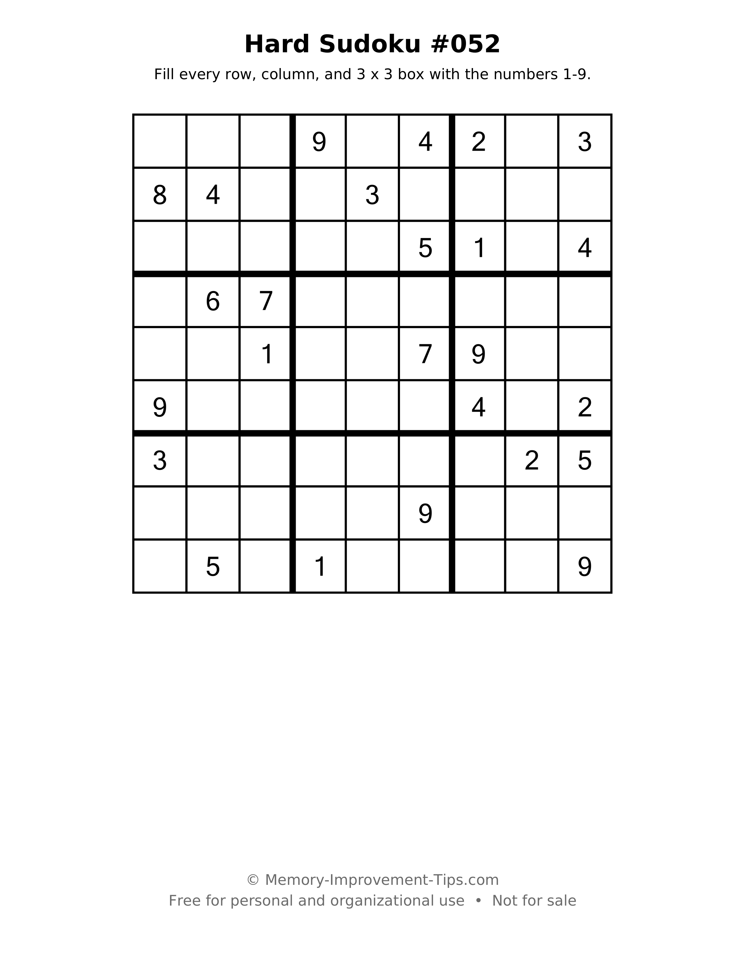 Printable puzzle: Hard Sudoku #052
