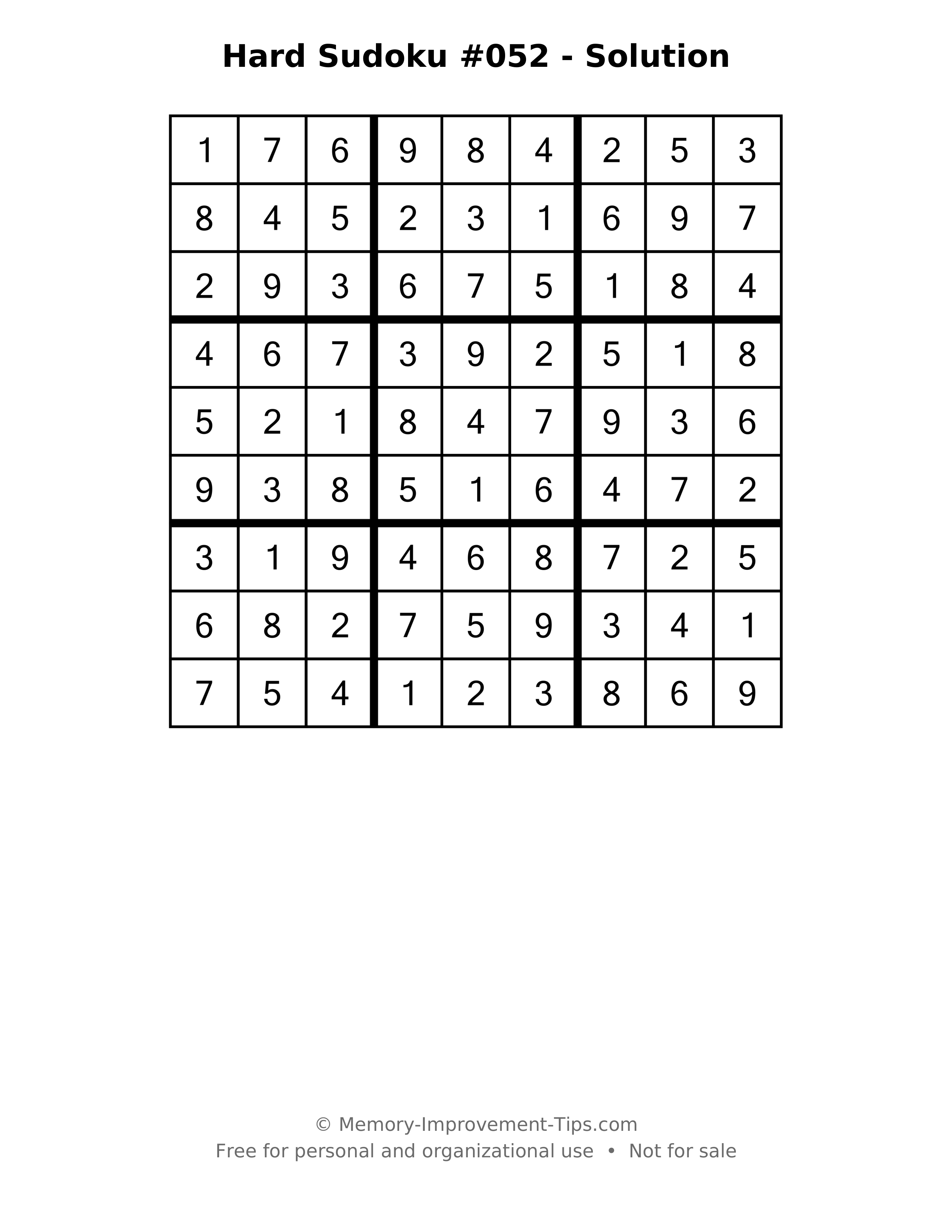 Printable solution: Hard Sudoku #052 - Solution