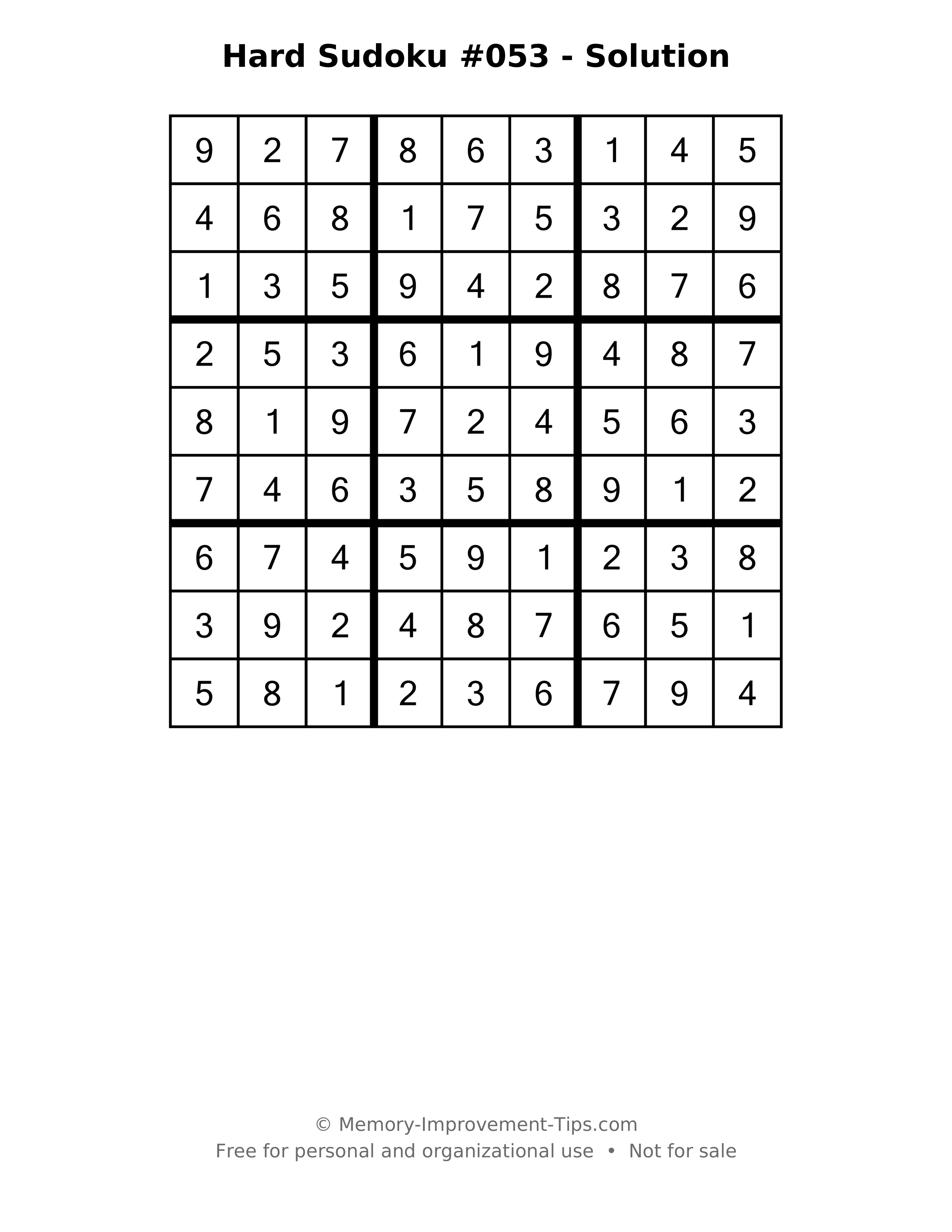 Printable solution: Hard Sudoku #053 - Solution