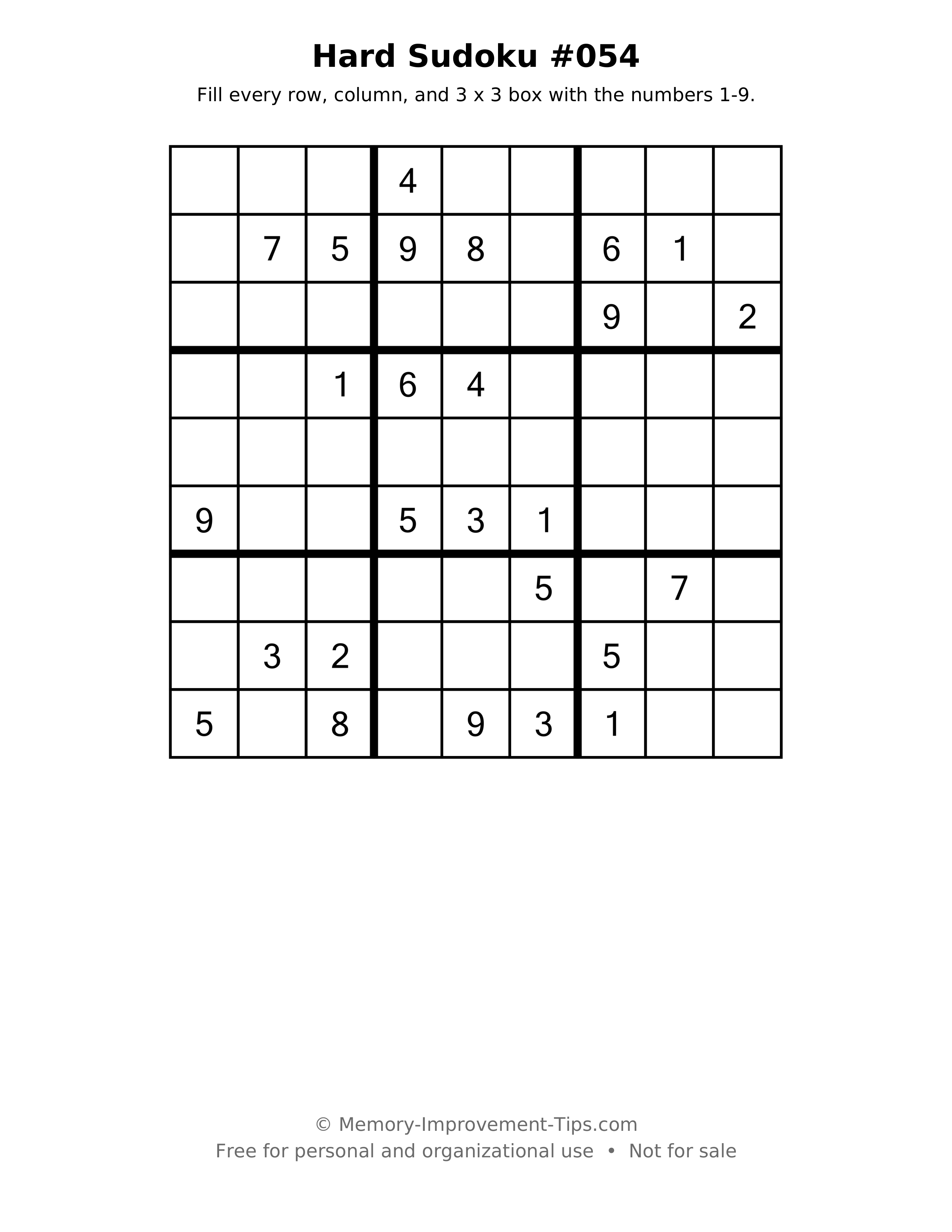 Printable puzzle: Hard Sudoku #054